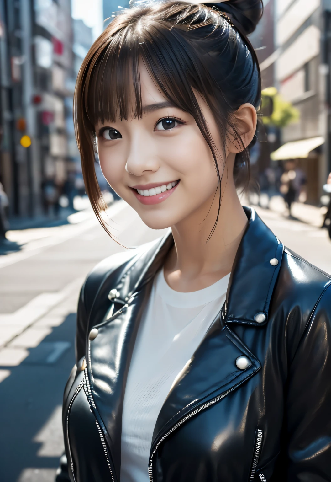 (((City:1.3, outdoor, Photographed from the front))), ((bun hair:1.3,leather jacket,Smile,japanese woman,cute)), (clean, natural makeup), (highest quality, masterpiece:1.3, 超High resolution), (Super detailed, caustics), (realistic:1.4, RAW shooting), very detailed, High resolution, 16K resolution