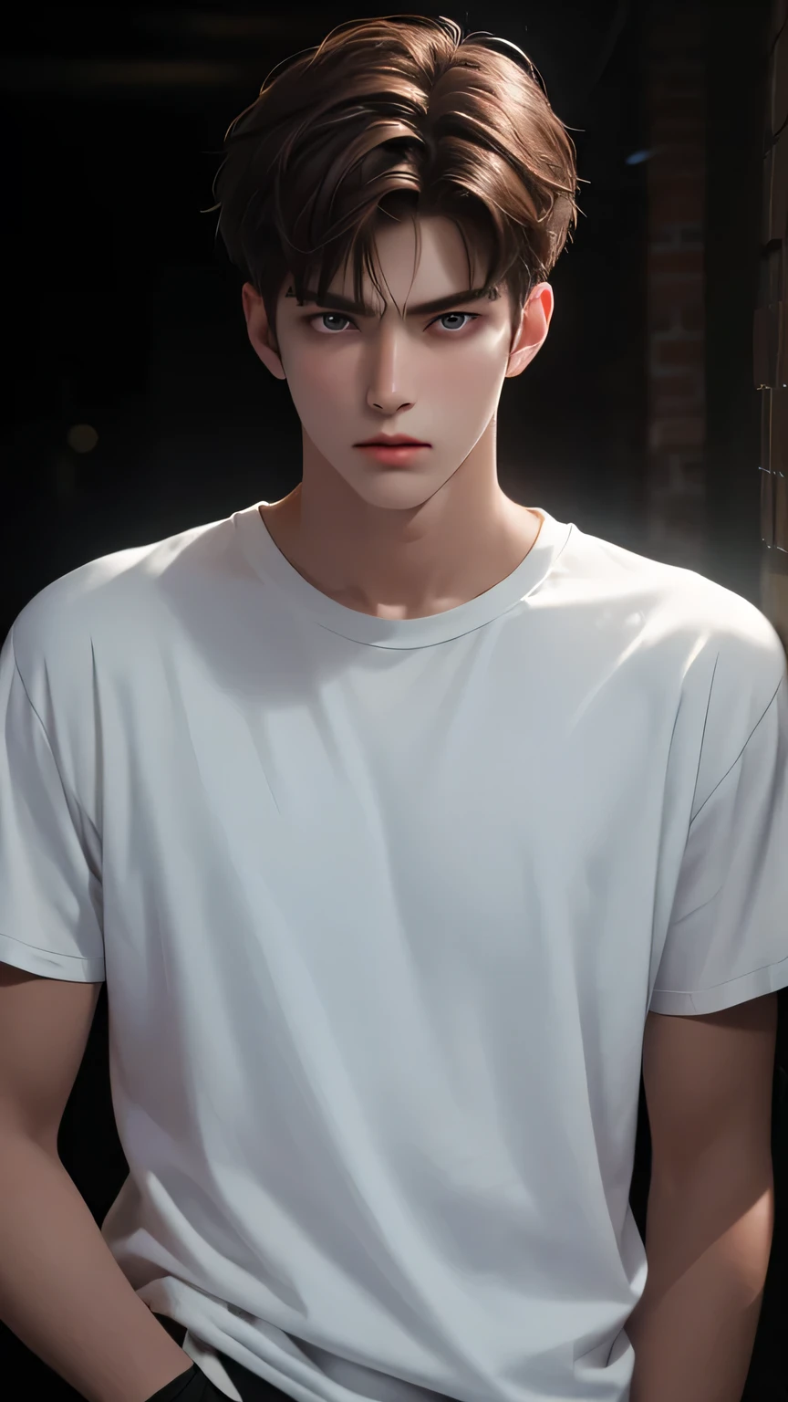 1boy about 19 years-old, handsome, brown hair, cool, indifferent, cold gaze, white T-shirt, cool pose, standing, stunning, photography, cinematic light, dark vibe