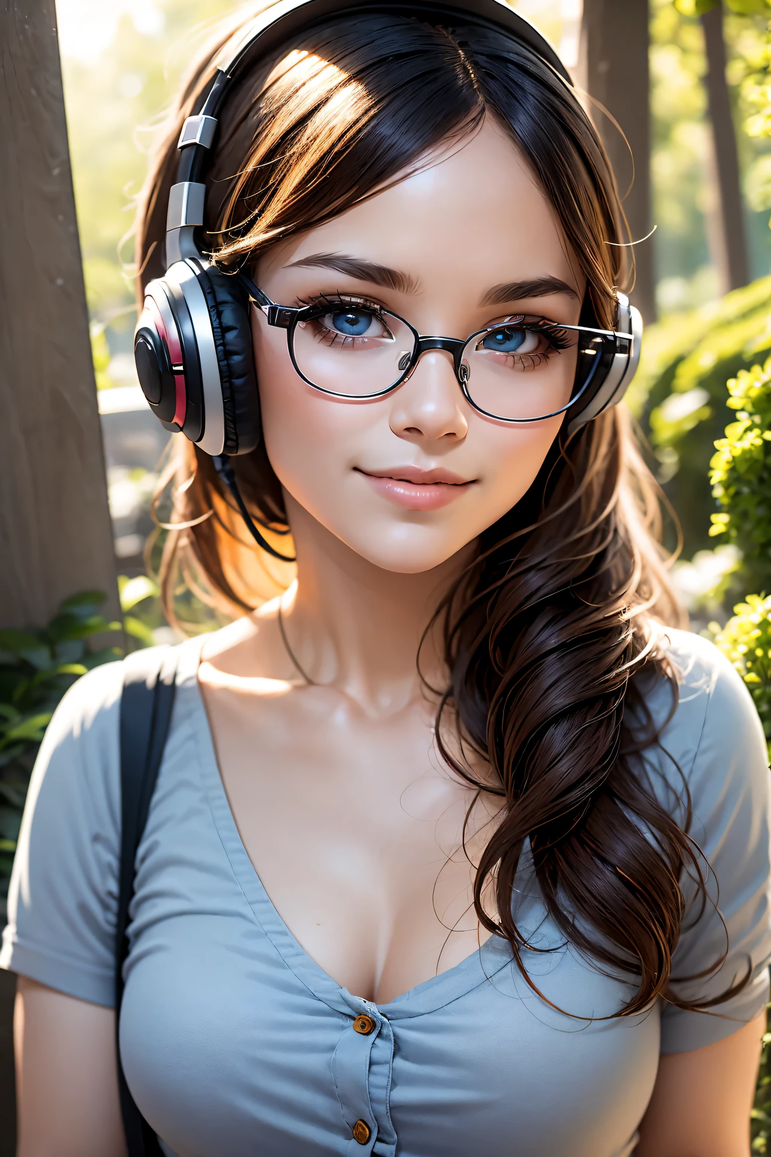 （best quality，4k，high resolution，masterpiece：1.2），Ultra-detailed，lifelike，beautiful details eyes，beautiful lips，portrait，rose colored glasses，wearing headphones，woman，Art style，pastel colors，soft light，Detailed facial features，gentle smile，long flowing hair，elegant posture，peaceful garden background，Delicate flowers，sunlight through trees，peaceful atmosphere，subtle shading，fine art