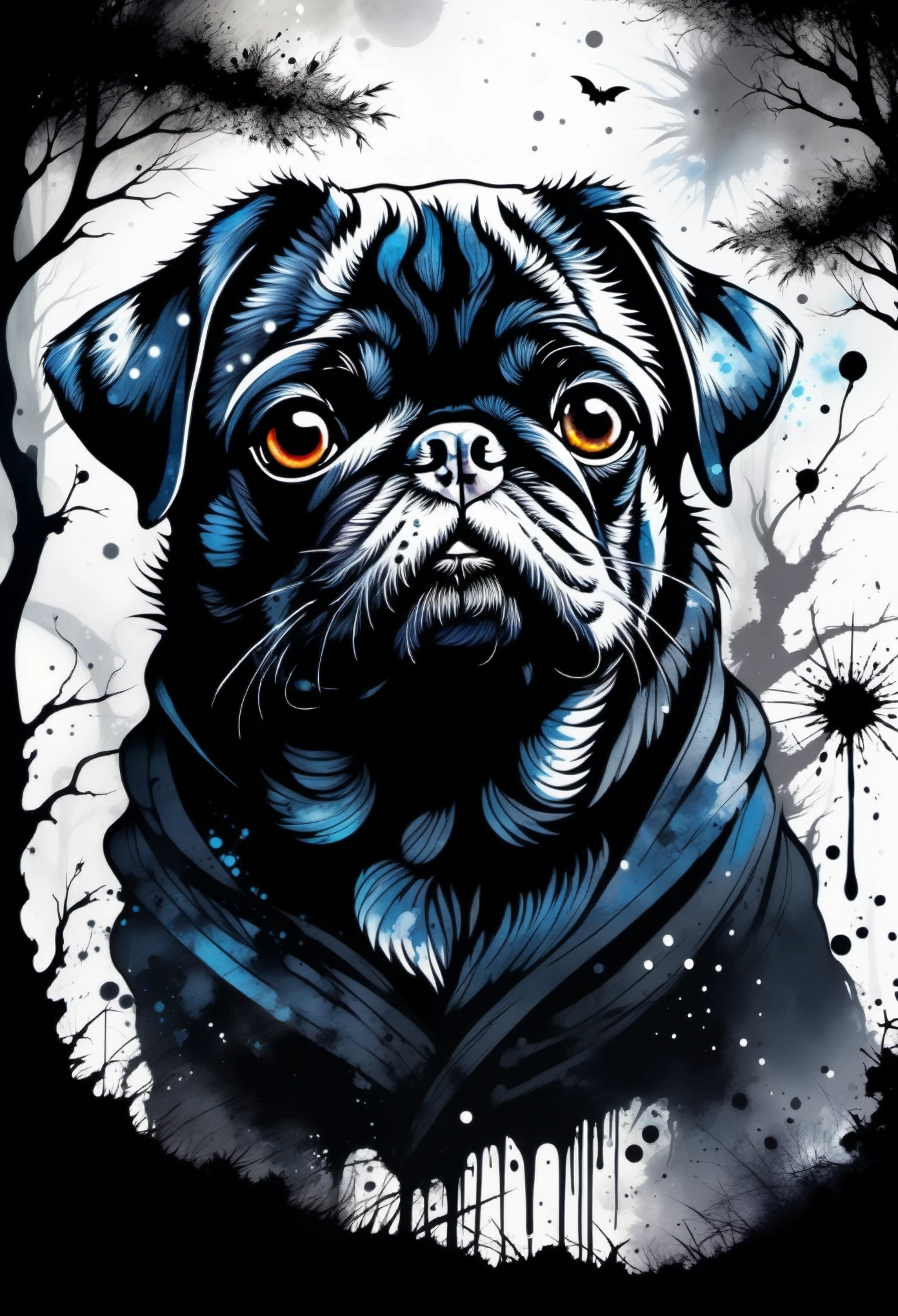 (((In dark fantasy ink splatter art:1.3))), Shabby pug, Mesmerizingly beautiful scenery appears, Chaotic black strokes ink splatter, Intricate details blend into the world of the ethereal forest, Otherworldly creatures, insanely beautifu, Gongbi, Every stroke exudes a charming feeling, extraordinary creation, Whether it is ink painting or oil painting, Master stunning details, pure brilliance, Creepy atmosphere ink splatter coating,
