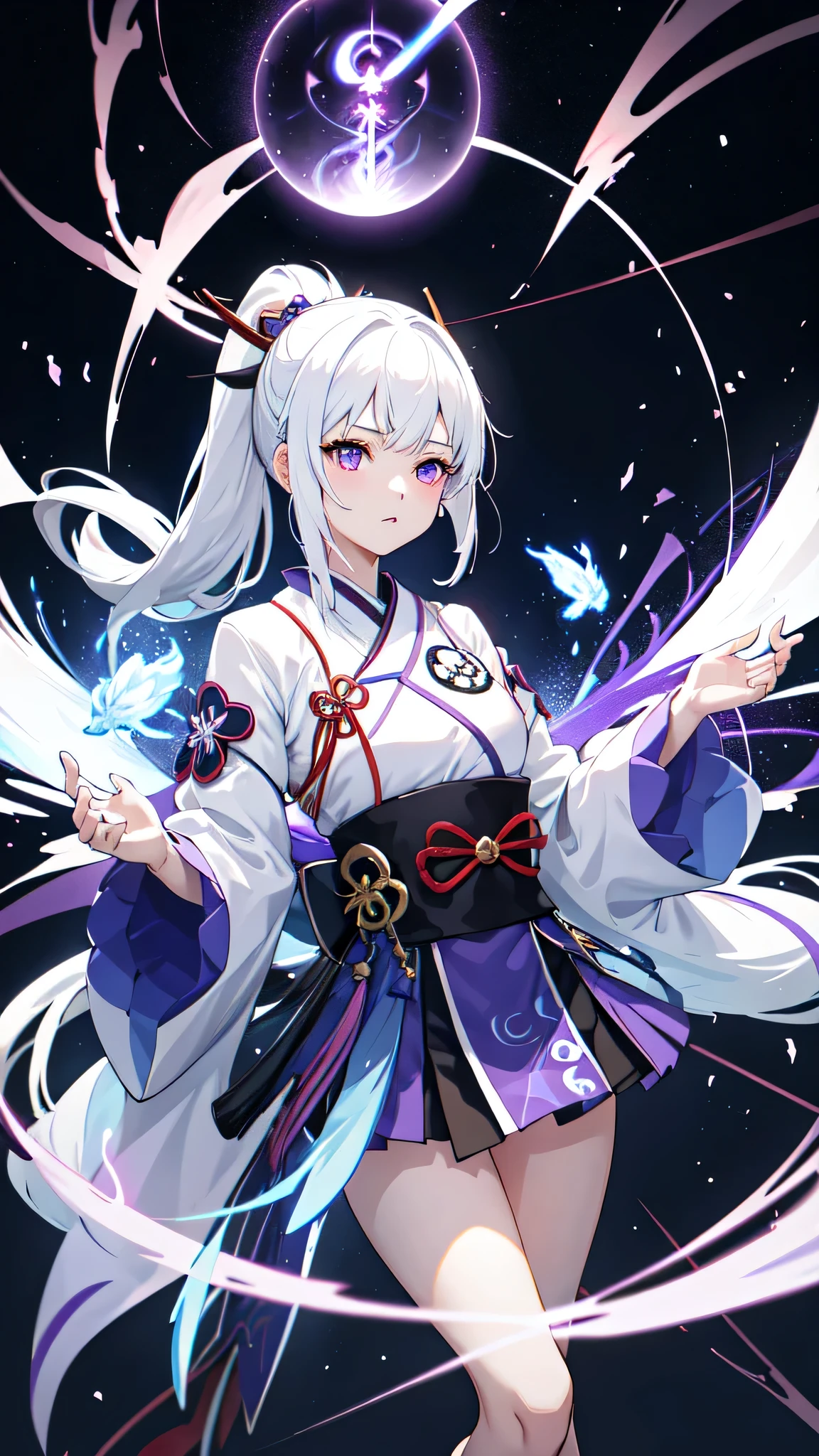 1 girl, japanese clothes, ponytail ,white hair, purple eyes, magic circle, blue flame, blue flame, wallpaper, landscape, Blood, Blood splatter, depth of field, night, light particles, light, side light, thigh, destiny \(series\), Genshin Impact, ****, open jacket, skirt, Raise your legs high, cloud
