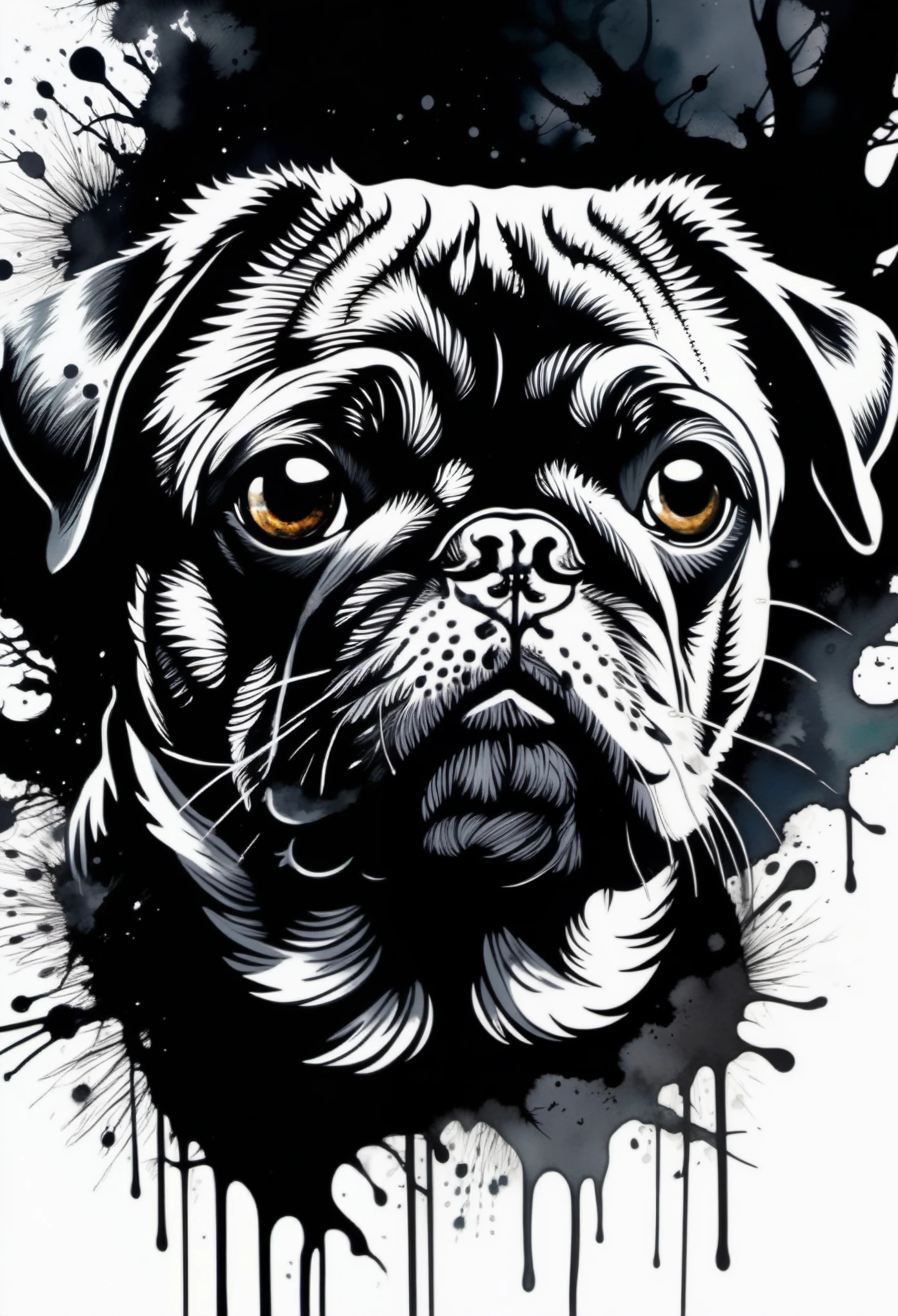 (((In dark fantasy ink splatter art:1.3))), Shabby pug, Mesmerizingly beautiful scenery appears, Chaotic black strokes ink splatter, Intricate details blend into the world of the ethereal forest, Otherworldly creatures, insanely beautifu, Gongbi, Every stroke exudes a charming feeling, extraordinary creation, Whether it is ink painting or oil painting, Master stunning details, pure brilliance, Creepy atmosphere ink splatter coating,