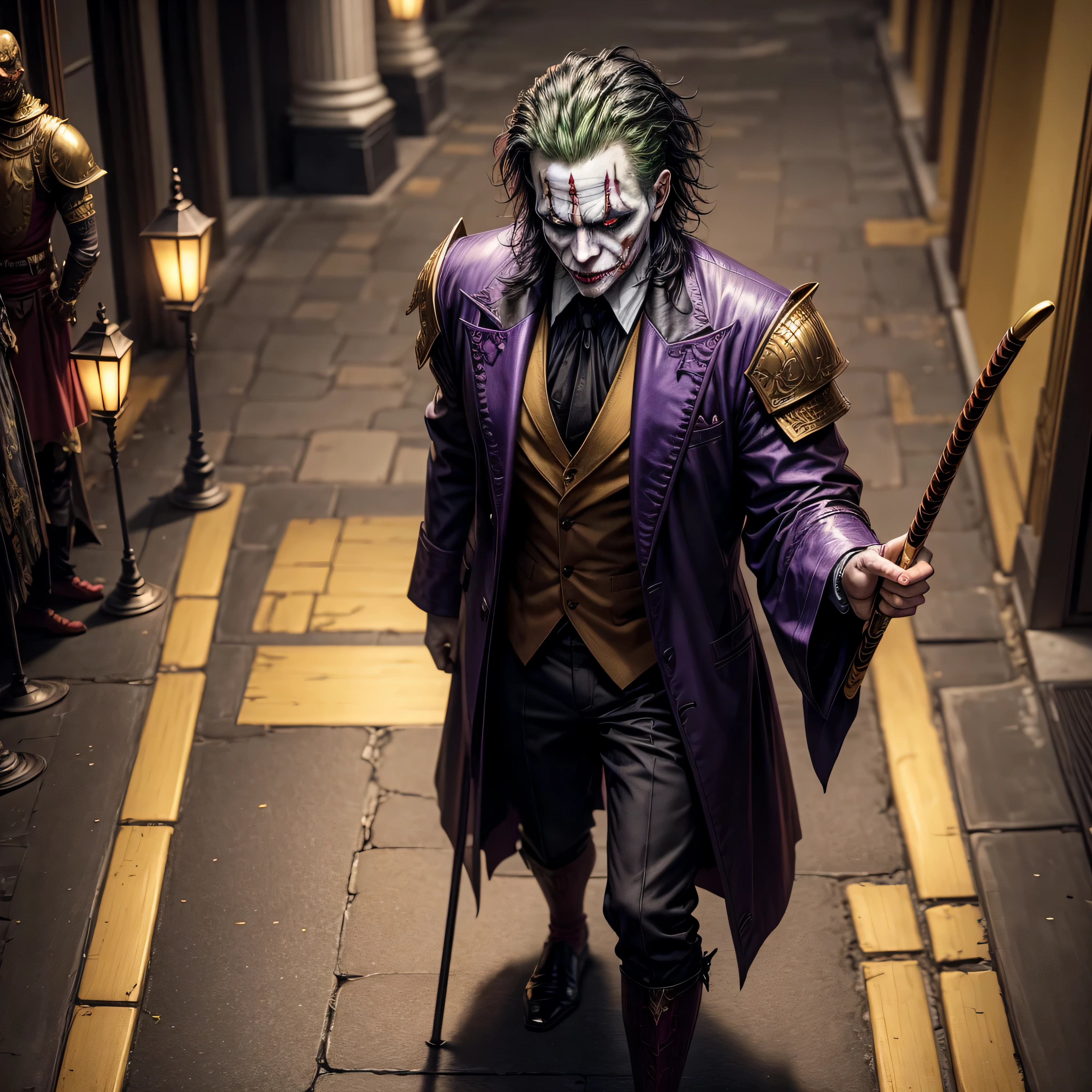 The Joker's demonic character, The character is walking Holding a cane the color of gold ,umber in a city of death where cats are kings Gothic style in dark samurai armor