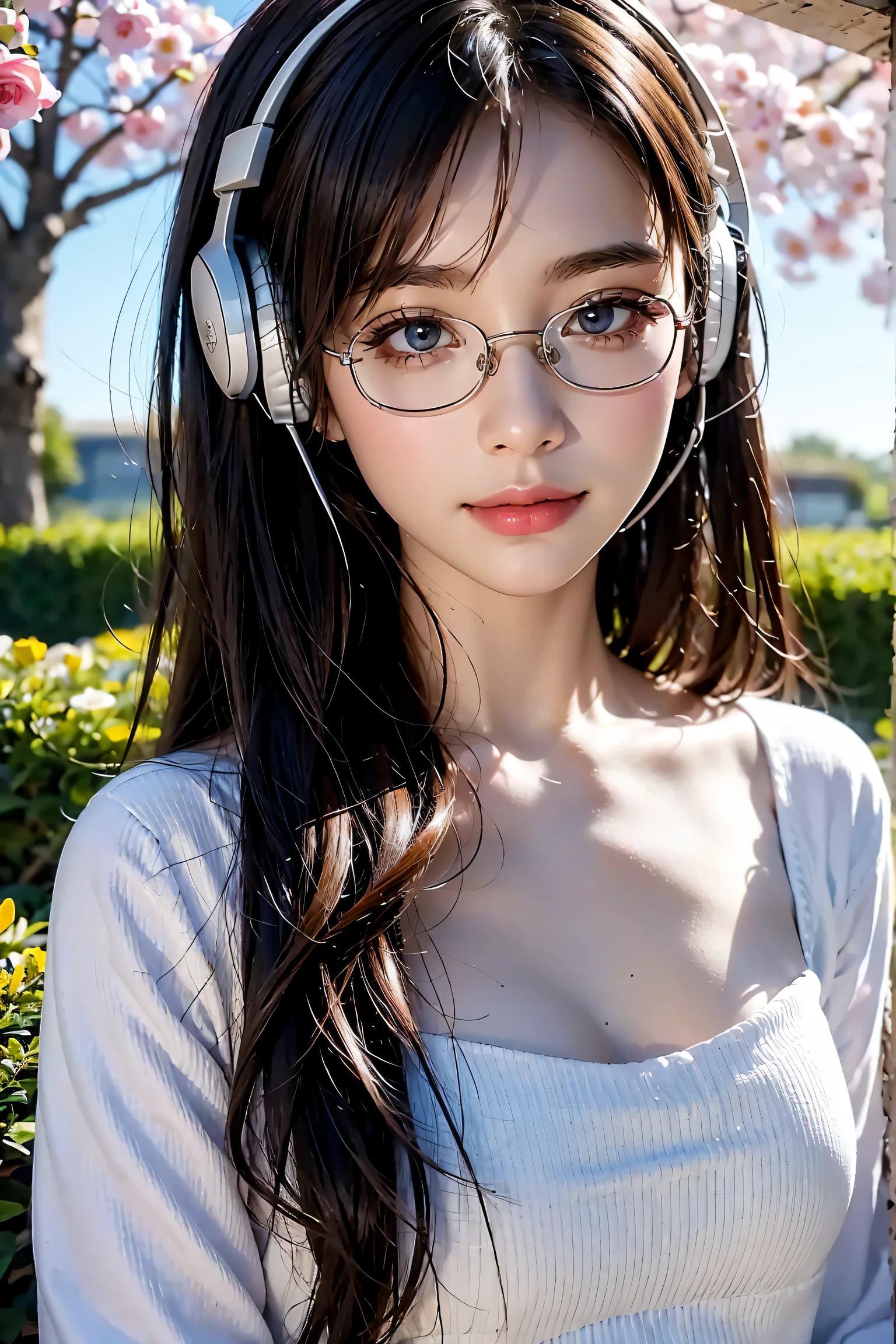 （best quality，4k，high resolution，masterpiece：1.2），Ultra-detailed，lifelike，beautiful details eyes，beautiful lips，portrait，rose colored glasses，wearing headphones，woman，Art style，pastel colors，soft light，Detailed facial features，gentle smile，long flowing hair，elegant posture，peaceful garden background，Delicate flowers，sunlight through trees，peaceful atmosphere，subtle shading，fine art