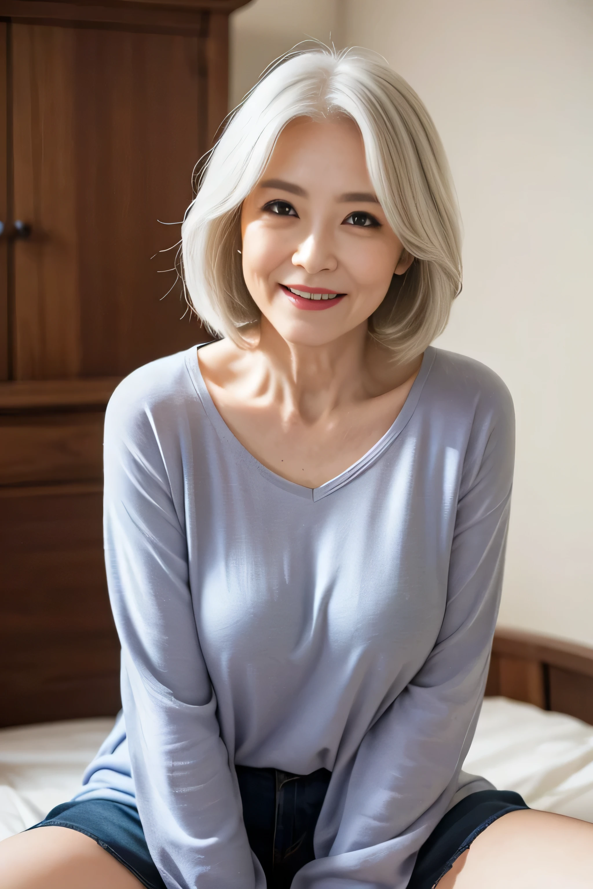 (60 year old woman:1.3),(((facial wrinkles:1.2))),,smile,(spread legs:1.2),cute clothes,