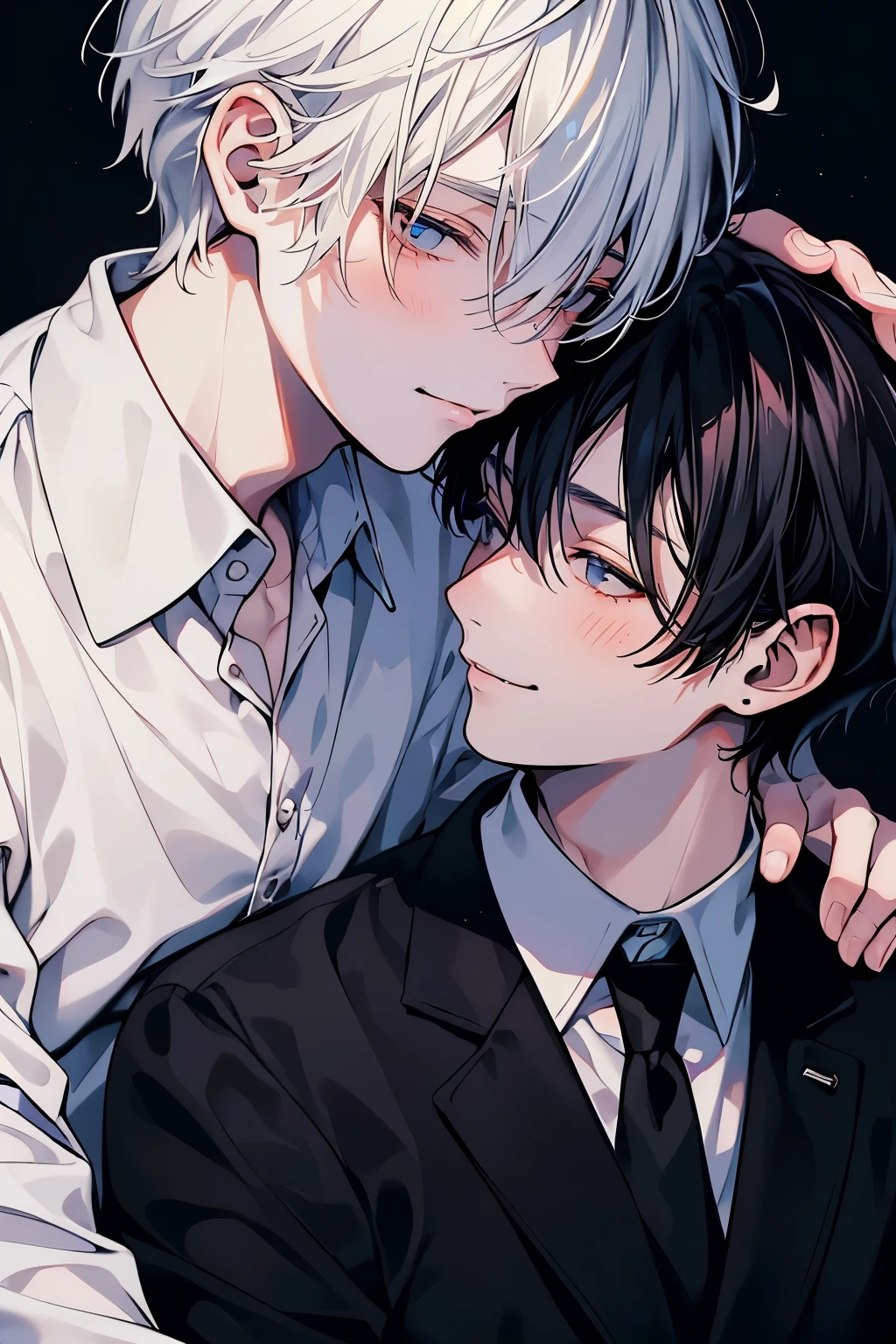 (muste piece), (best quality), very detailed, ((two men intimate)), perfect face, beautiful face, very detailed顔，(black haired man:1.3)，(white haired man:1.3)，suit，shirt，smile