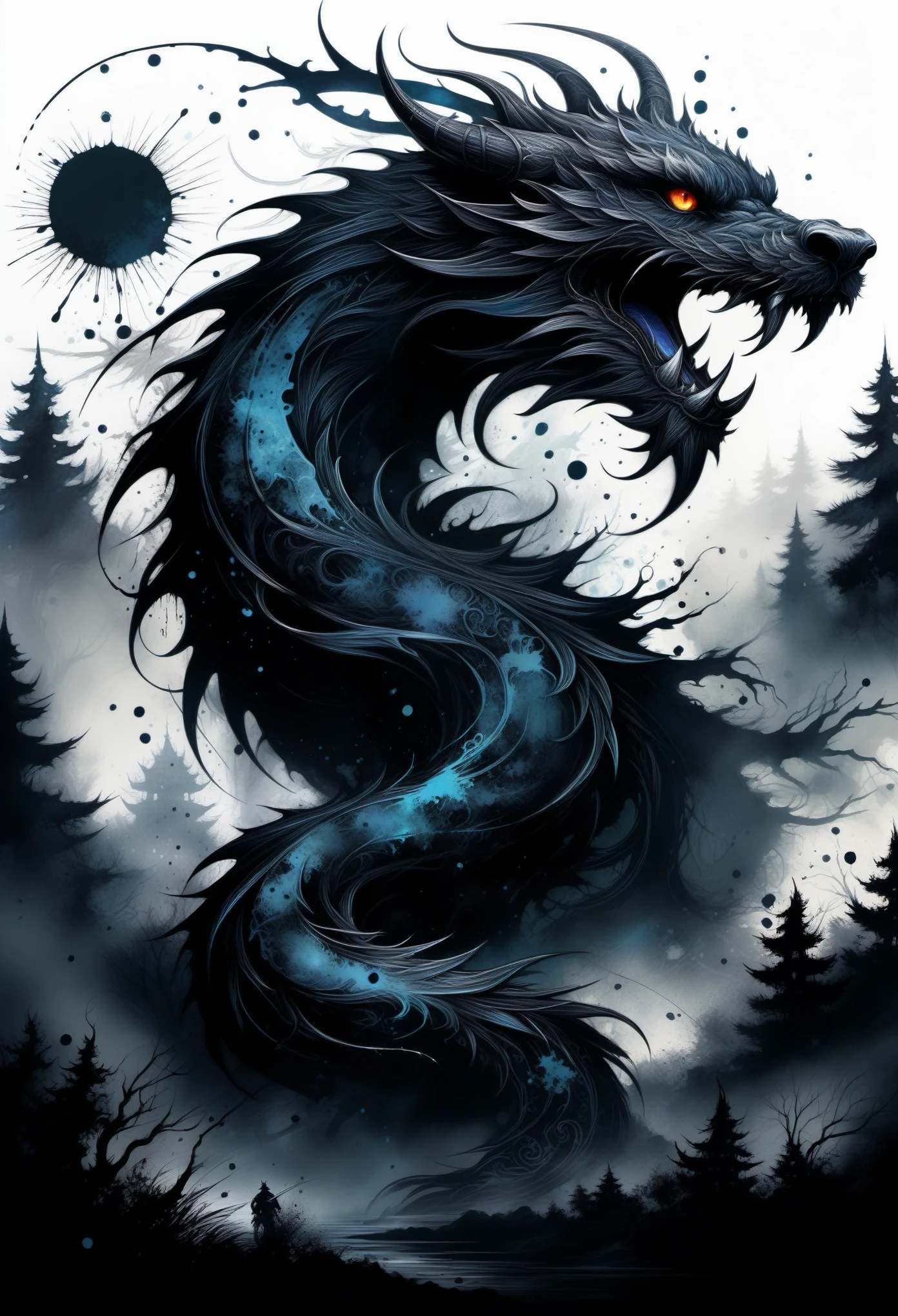 (((In dark fantasy ink splatter art:1.3))), shabby dragon, Mesmerizingly beautiful scenery appears, Chaotic black strokes ink splatter, Intricate details blend into the world of the ethereal forest, Otherworldly creatures, insanely beautifu, Gongbi, Every stroke exudes a charming feeling, extraordinary creation, Whether it is ink painting or oil painting, Master stunning details, pure brilliance, Creepy atmosphere ink splatter coating,