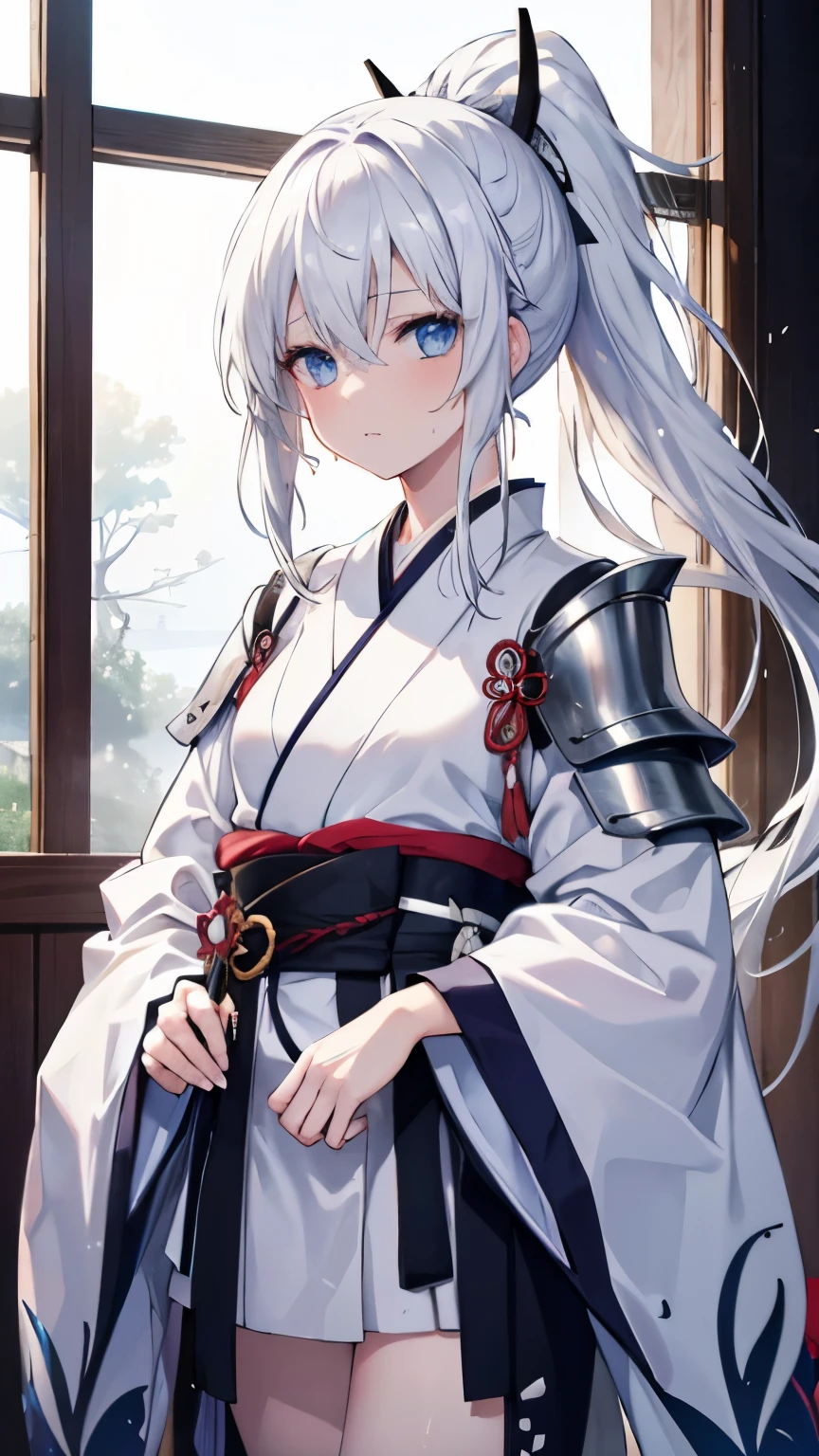 ,girl,best image quality,,silver hair,,blue eyes, white skin,,long hair,ponytail,half eyes,,wet with sweat,sword,naked,,kimono,Hakama,armor,,,,SakuraFubuki,small,,,