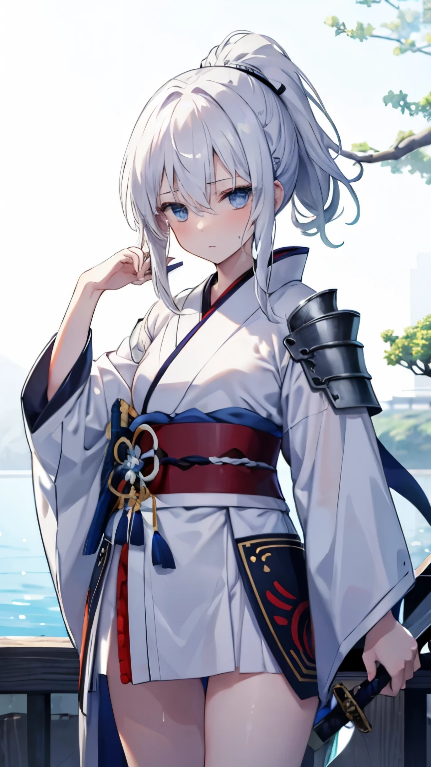 ,girl,best image quality,,silver hair,,blue eyes, white skin,,long hair,ponytail,half eyes,,wet with sweat,sword,naked,,kimono,Hakama,armor,,,,SakuraFubuki,small,,,