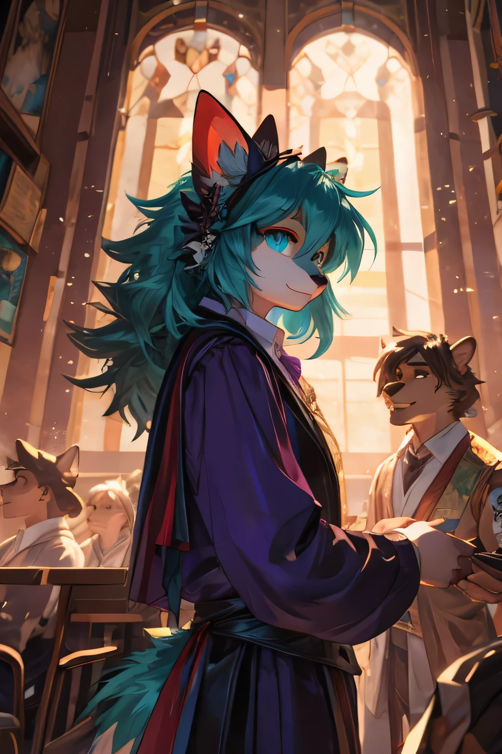 Hairball, Vins, Long eyelashes, solid round eyes, fake animal ears, Smile, red ears, direction, striped hair, cyan hair, dark green hair, big hair, Hair, shiny hair, comb hair back, Hair ring, Heart Og, aqua eyes, gradient eyes, rhomboid pupil, students shine, shadow, relief, Stereo view, vertical painting, View, Reference table, Figures, lens flare, 8K, Super details, precise, best quality,snake,Miss,Black and purple clothes,Pleasure