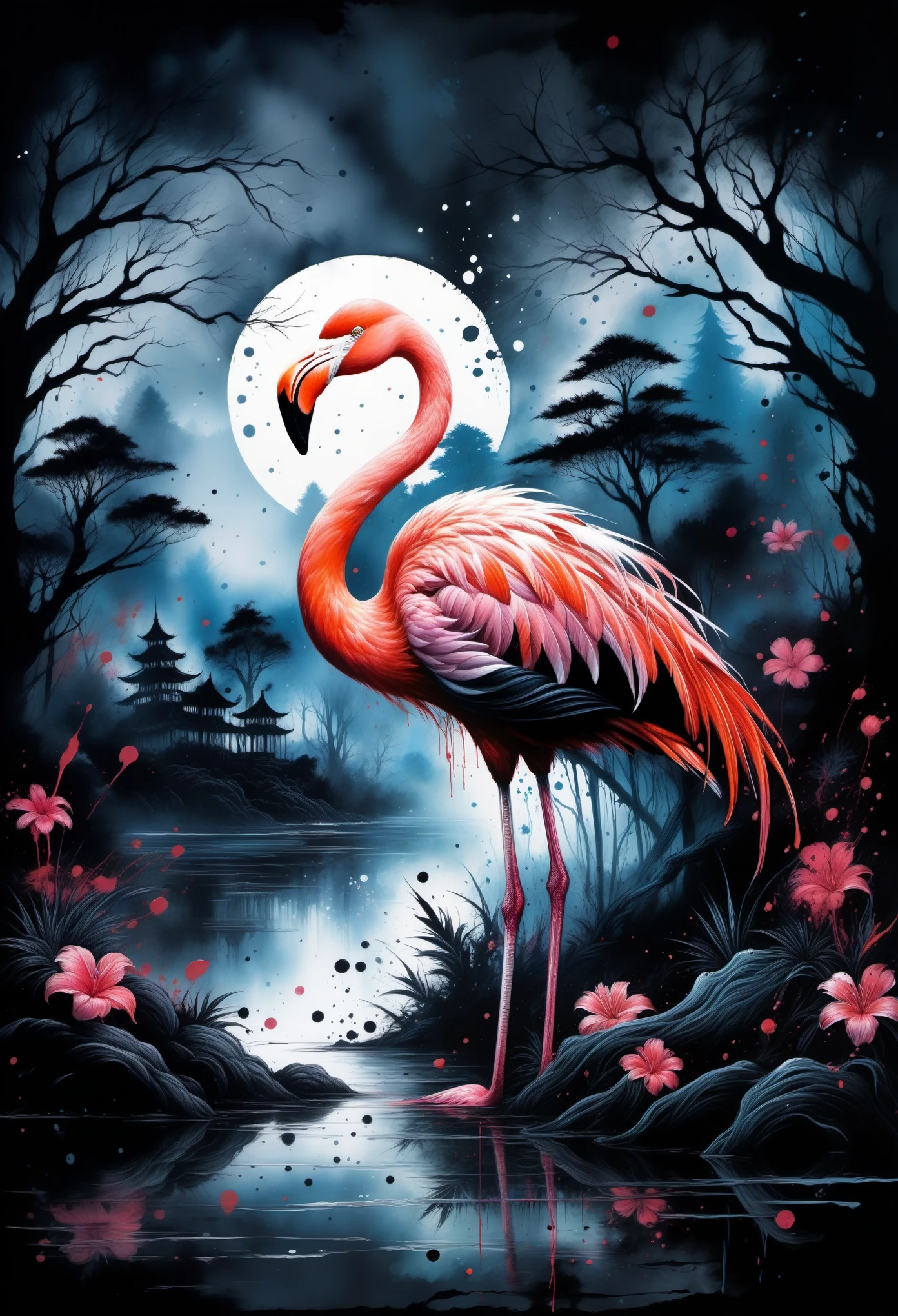 (((In dark fantasy ink splatter art:1.3))), Shabby flamingo, Mesmerizingly beautiful scenery appears, Chaotic black strokes ink splatter, Intricate details blend into the world of the ethereal forest, Otherworldly creatures, insanely beautifu, Gongbi, Every stroke exudes a charming feeling, extraordinary creation, Whether it is ink painting or oil painting, Master stunning details, pure brilliance, Creepy atmosphere ink splatter coating,