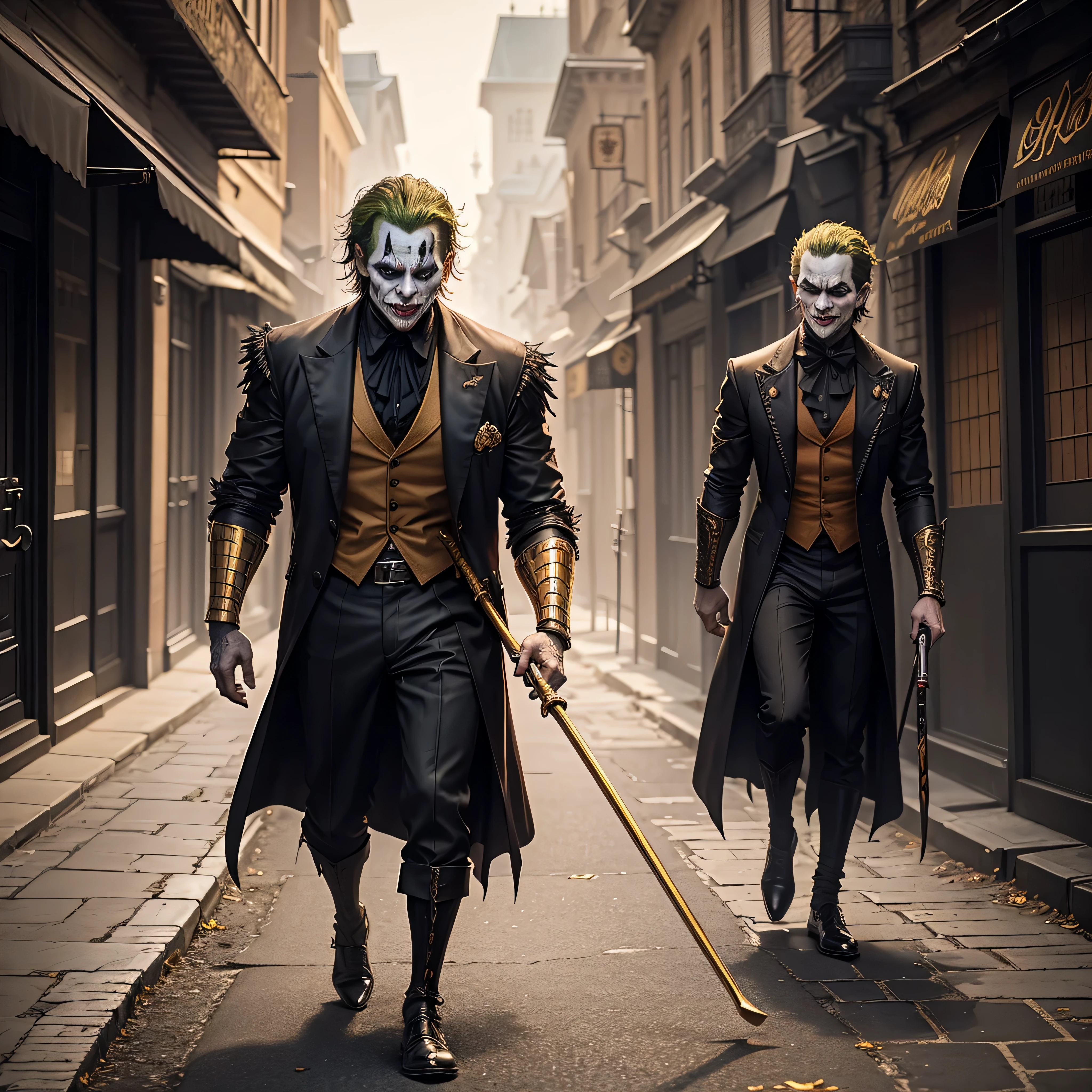 The Joker's demonic character, The character is walking Holding a cane the color of gold ,umber in a city of death where cats are kings Gothic style in dark samurai armor