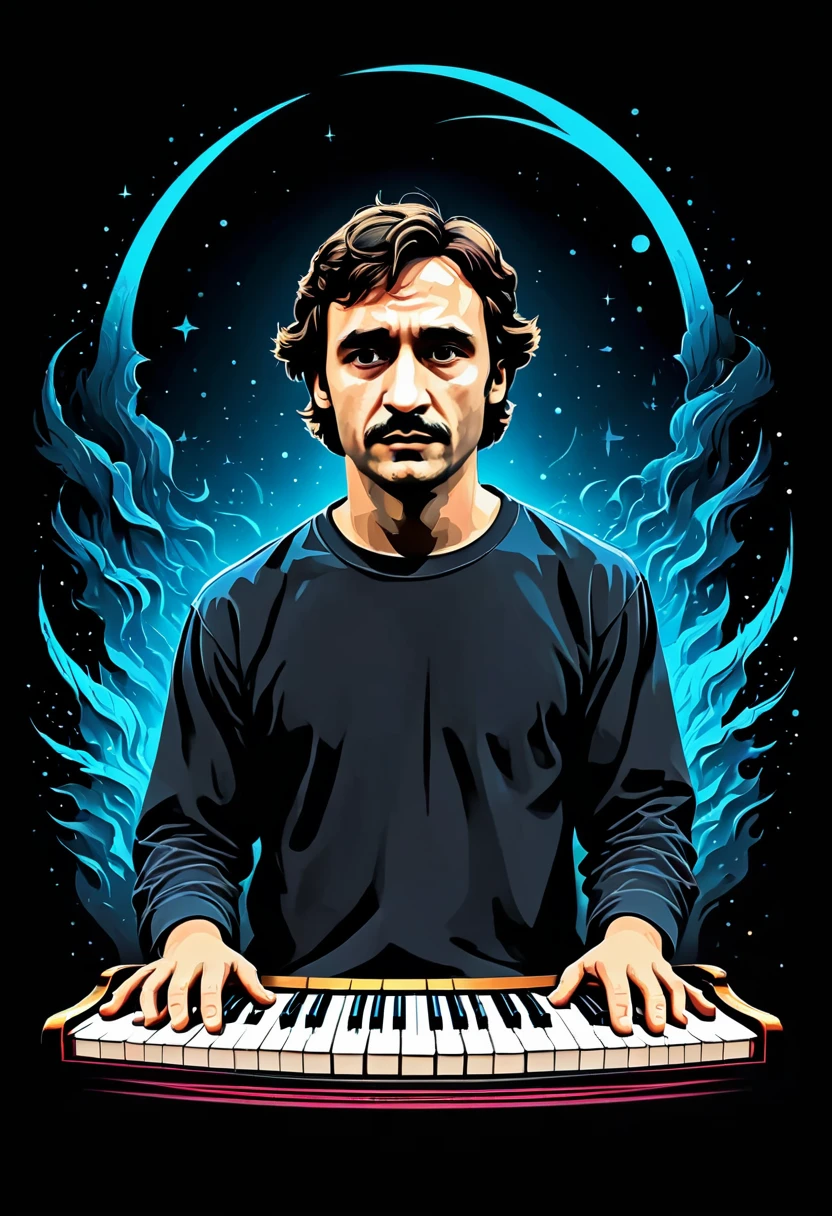 T-shirt art, 2D, ((black background: 1, 5)), vector, vivid colors, nietzsche rock star piano, dystopian rock stage, masterpiece, best quality, intricate details, perfect symmetrical face, rock and roll theme , rim light, moonlight , cinematic shading, Justin Trudeau  