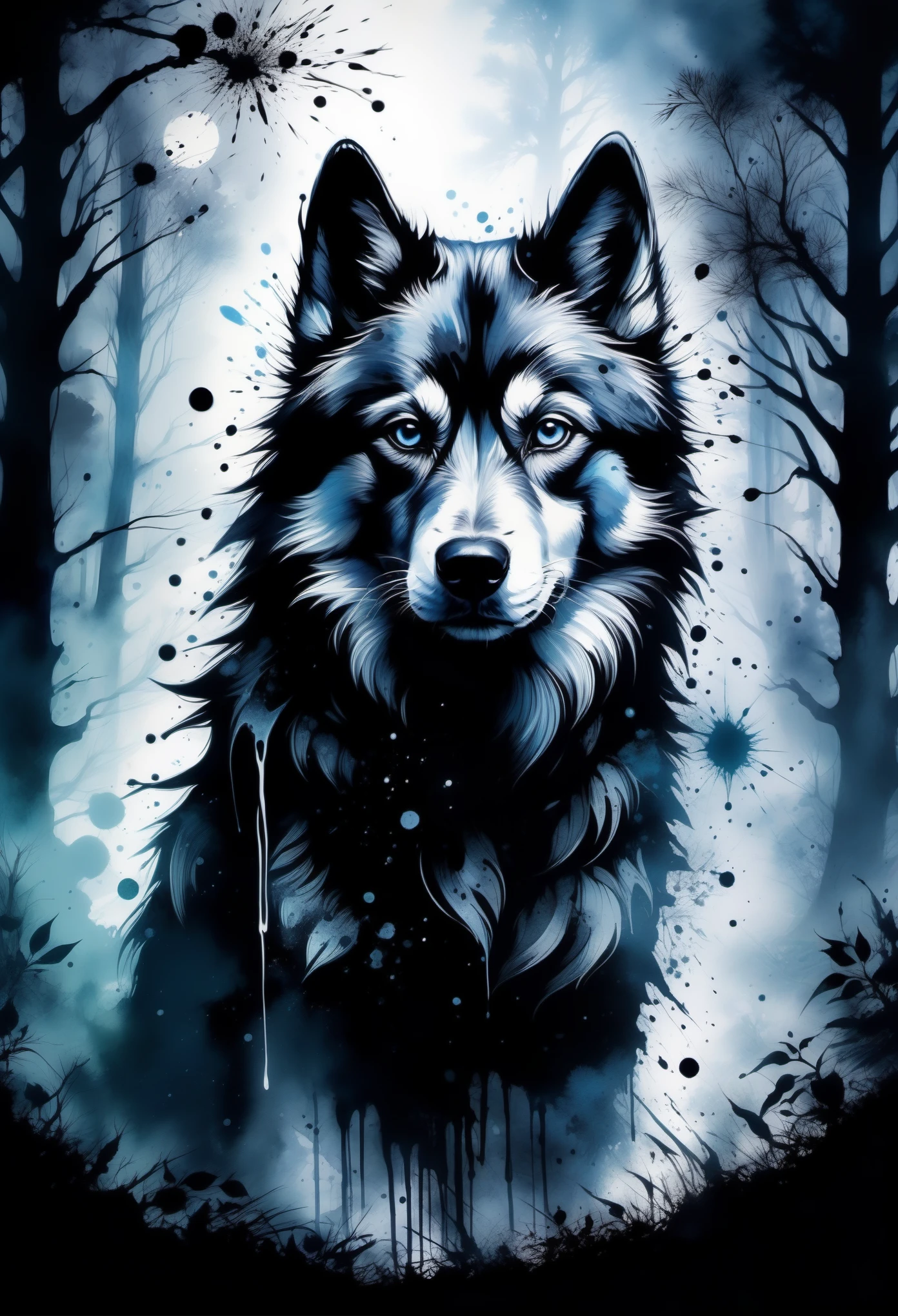 (((In dark fantasy ink splatter art:1.3))), Shabby Husky, Mesmerizingly beautiful scenery appears, Chaotic black strokes ink splatter, Intricate details blend into the world of the ethereal forest, Otherworldly creatures, insanely beautifu, Gongbi, Every stroke exudes a charming feeling, extraordinary creation, Whether it is ink painting or oil painting, Master stunning details, pure brilliance, Creepy atmosphere ink splatter coating,