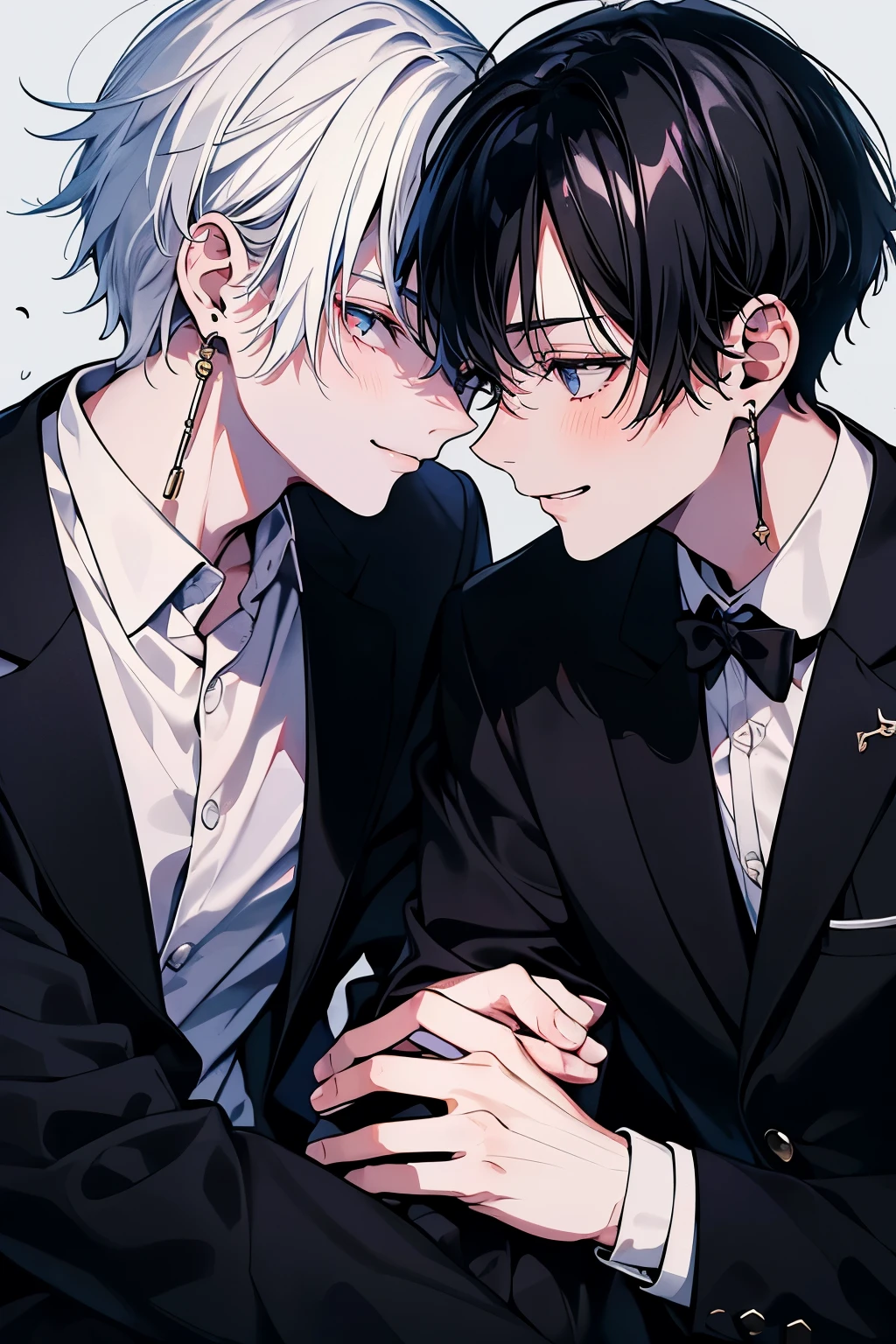 (muste piece), (best quality), very detailed, ((two men intimate)), perfect face, beautiful face, very detailed顔,(black haired man:1.3),(white haired man:1.3),suit,shirt,smile