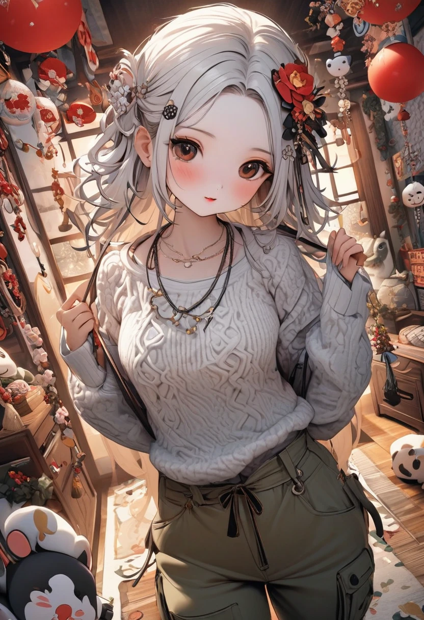 （（（hair accessories）））,necklace,Put on a sexy sweater,, cargo pants,The room is filled with korean New Year decorations.super wide angle（（（masterpiece）））, （（best quality））,（（Intricate details））,（（surreal））（8K）