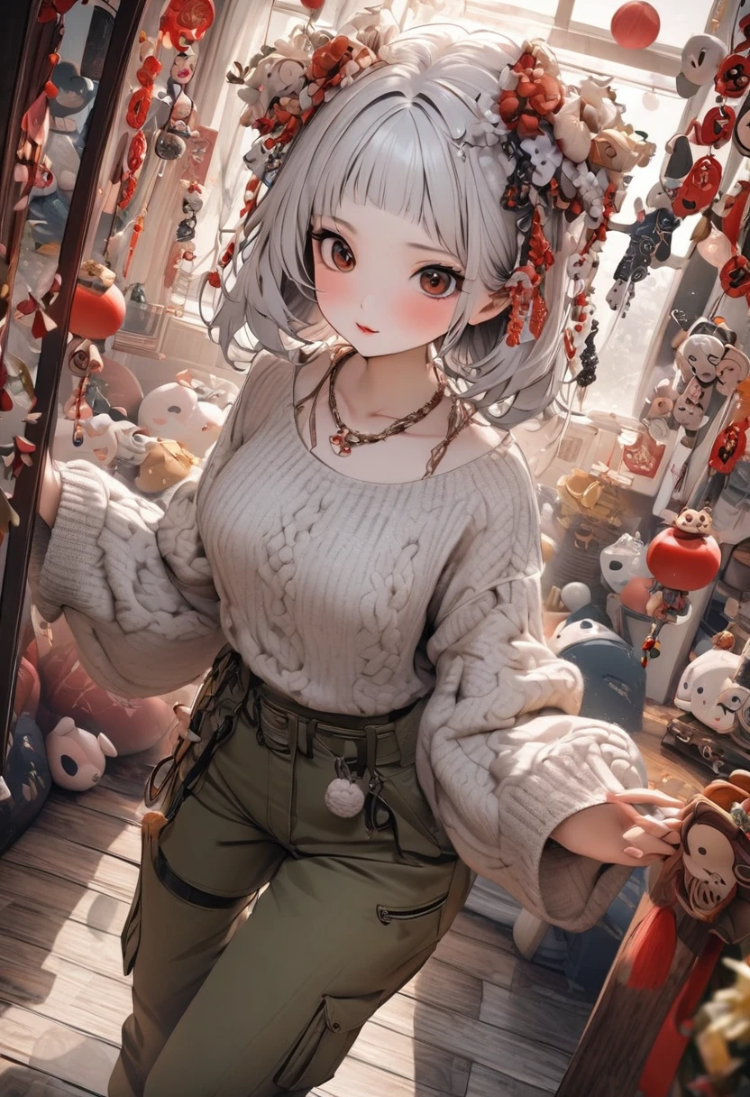 （（（hair accessories）））,necklace,Put on a sexy sweater,, cargo pants,The room is filled with korean New Year decorations.super wide angle（（（masterpiece）））, （（best quality））,（（Intricate details））,（（surreal））（8K）