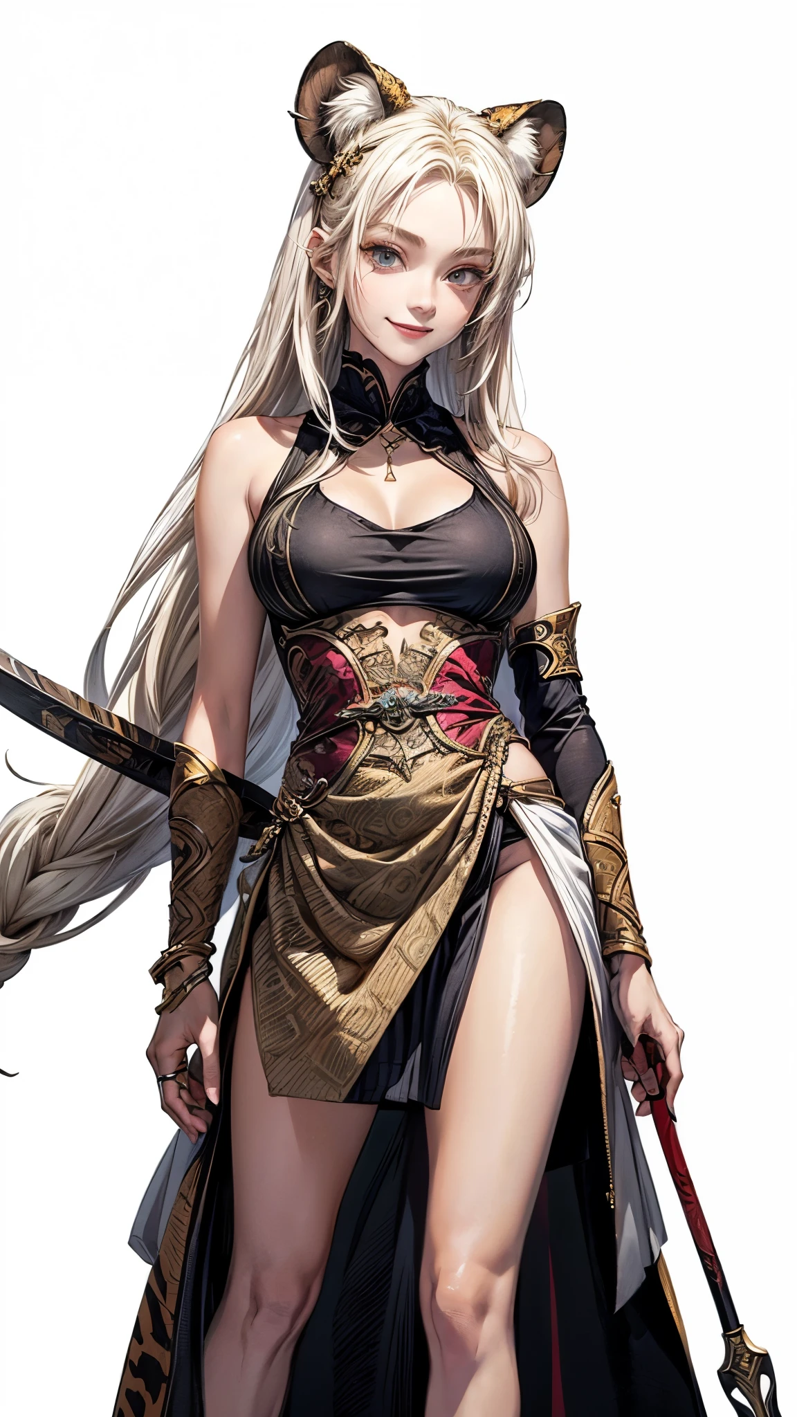(Masterpiece, best quality), detailed, ((character art, full of details, Anime Babe, Wallpaper, Game Illustration, Animagine XL Babe, Fan Art, Animated)), (AFK_Arena, Antandra, cheetah girl)), (1woman, female, tribal clothes, tribal cloth dress), (dark tanned skin, cheetal ears and tail) , (detailed eyes), detailed face, ((happy face expressions smiling)), athletic physical form, ((white blonde color long hair)), ((holding spear, holding weapon)), (simple background, white background: 1.3)