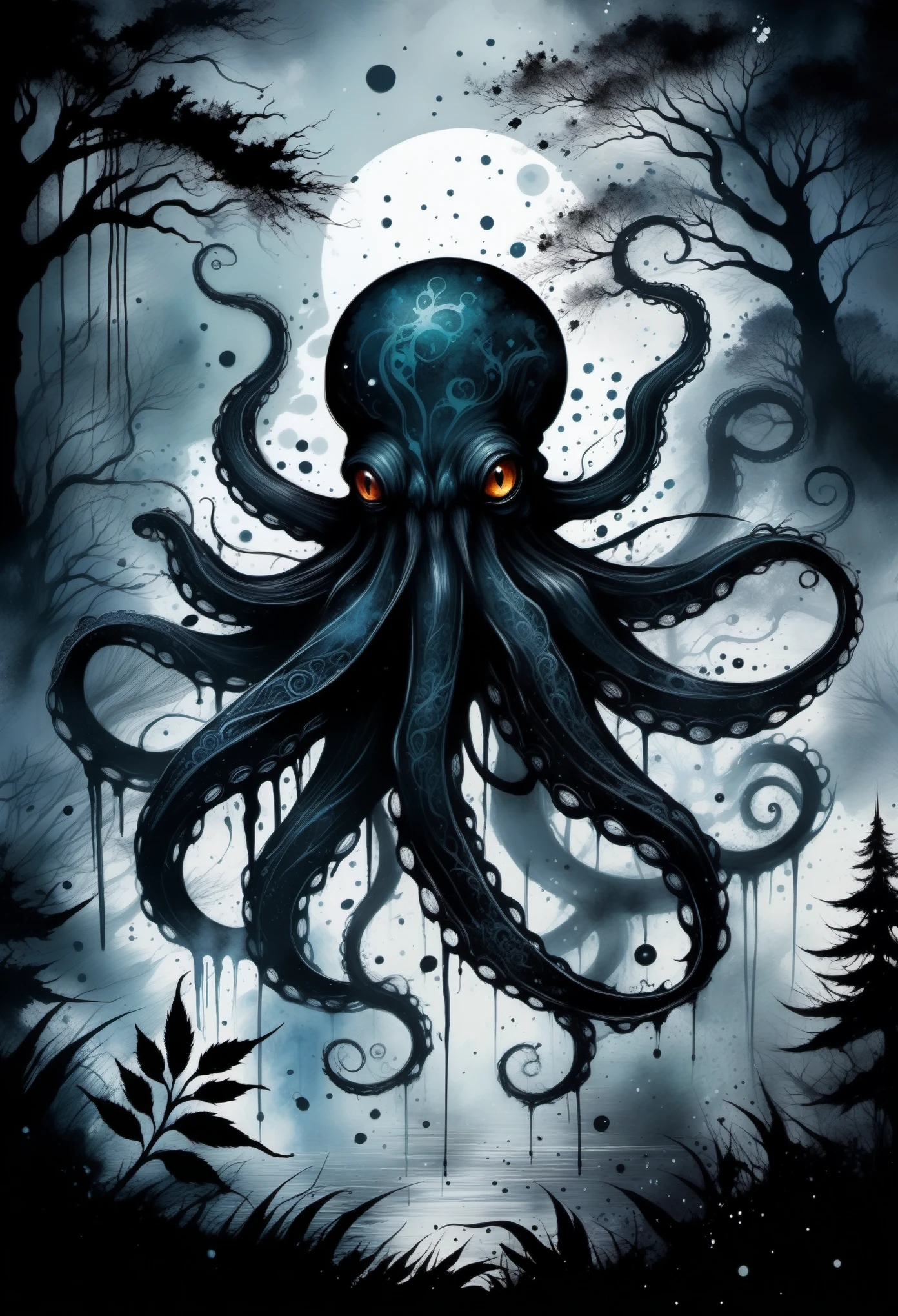 (((In dark fantasy ink splatter art:1.3))), Shabby octopus, Mesmerizingly beautiful scenery appears, Chaotic black strokes ink splatter, Intricate details blend into the world of the ethereal forest, Otherworldly creatures, insanely beautifu, Gongbi, Every stroke exudes a charming feeling, extraordinary creation, Whether it is ink painting or oil painting, Master stunning details, pure brilliance, Creepy atmosphere ink splatter coating,