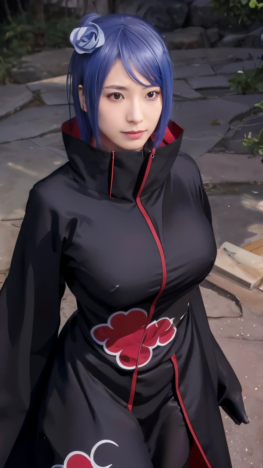 （（（akatsuki outfit，Xiao clothing, ninja, black cloak,black coat, （（（danya，konan \(naruto\),konan, blue hair, Orange pupils, short hair, hair ornament, flower, hair flower, ））），（（（wide hips））），S-shaped body:1.7））），((masterpiece)),high resolution, ((Best quality at best))，masterpiece，quality，Best quality，（（（ Exquisite facial features，looking at the audience,There is light in the eyes，shy，blush，pain，endure ））），（（（Light and shadow interlace，super gigantic ，cleavage））），（（（looking into camera，from above，looking down，抬头looking into camera，white paper airplane，white paper，Hands hidden in sleeves）））