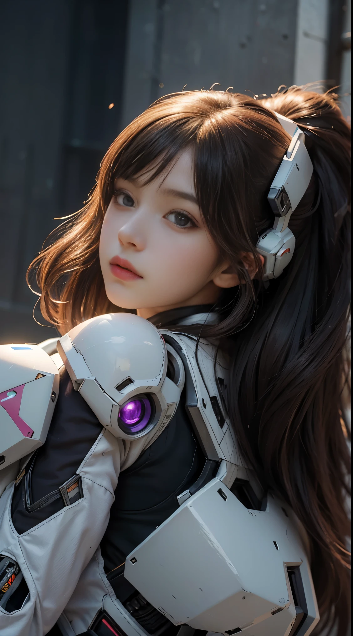 RAW, Masterpiece, Ultra Fine Photo,, Best Quality, Ultra High Resolution, Photorealistic, Sunlight, Full Body Portrait, Stunningly Beautiful,, Dynamic Poses, Delicate Face, Vibrant Eyes, (Side View) a close up of a woman in a pink and white gundam custume, dybamic pose, long brown very very long hair rapunzel, girl in mecha cyber armor, portrait armored astronaut girl, d. va from overwatch, female mecha, on a gundam, gundam head, chiho aoshima color scheme, mobile suit, streamlined purple armor, fully robotic!! girl, realistic cosplay, gundam armor (dynamic pose) (best cameraview), full body