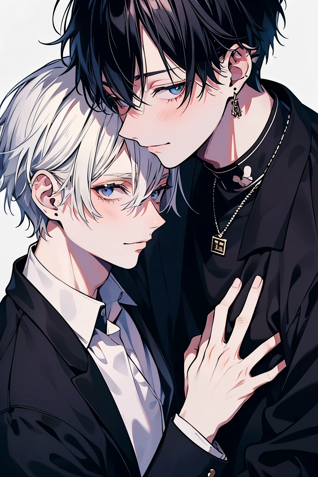 (muste piece), (best quality), very detailed, ((two men intimate)), perfect face, beautiful face, very detailed顔,(black haired man:1.3),(white haired man:1.3),suit,shirt,smile