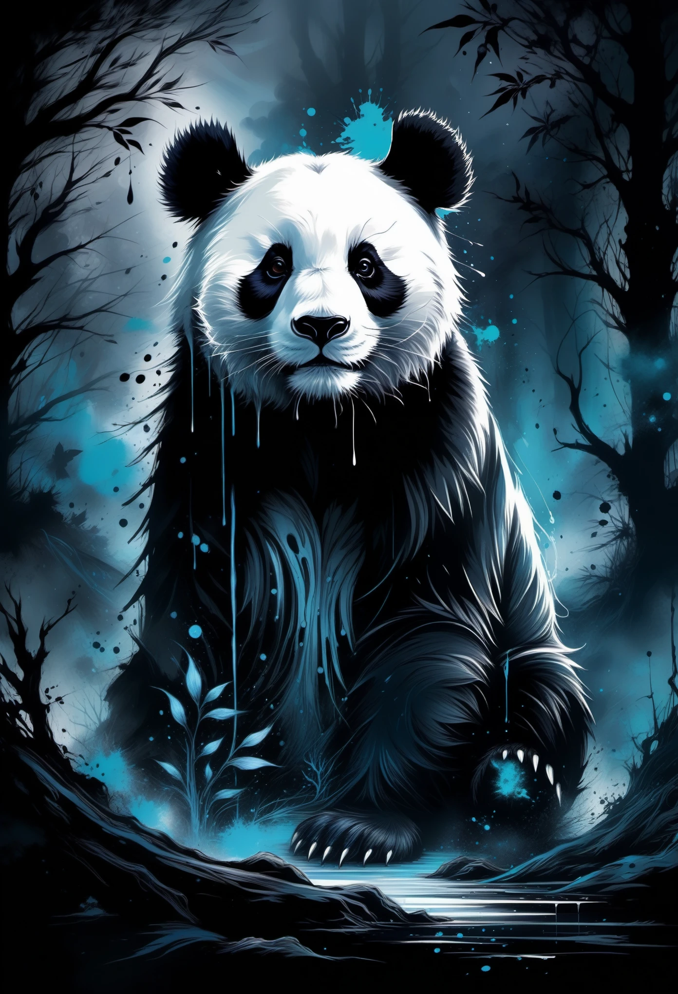 (((In dark fantasy ink splatter art:1.3))), Shabby Panda, Mesmerizingly beautiful scenery appears, Chaotic black strokes ink splatter, Intricate details blend into the world of the ethereal forest, Otherworldly creatures, insanely beautifu, Gongbi, Every stroke exudes a charming feeling, extraordinary creation, Whether it is ink painting or oil painting, Master stunning details, pure brilliance, Creepy atmosphere ink splatter coating,