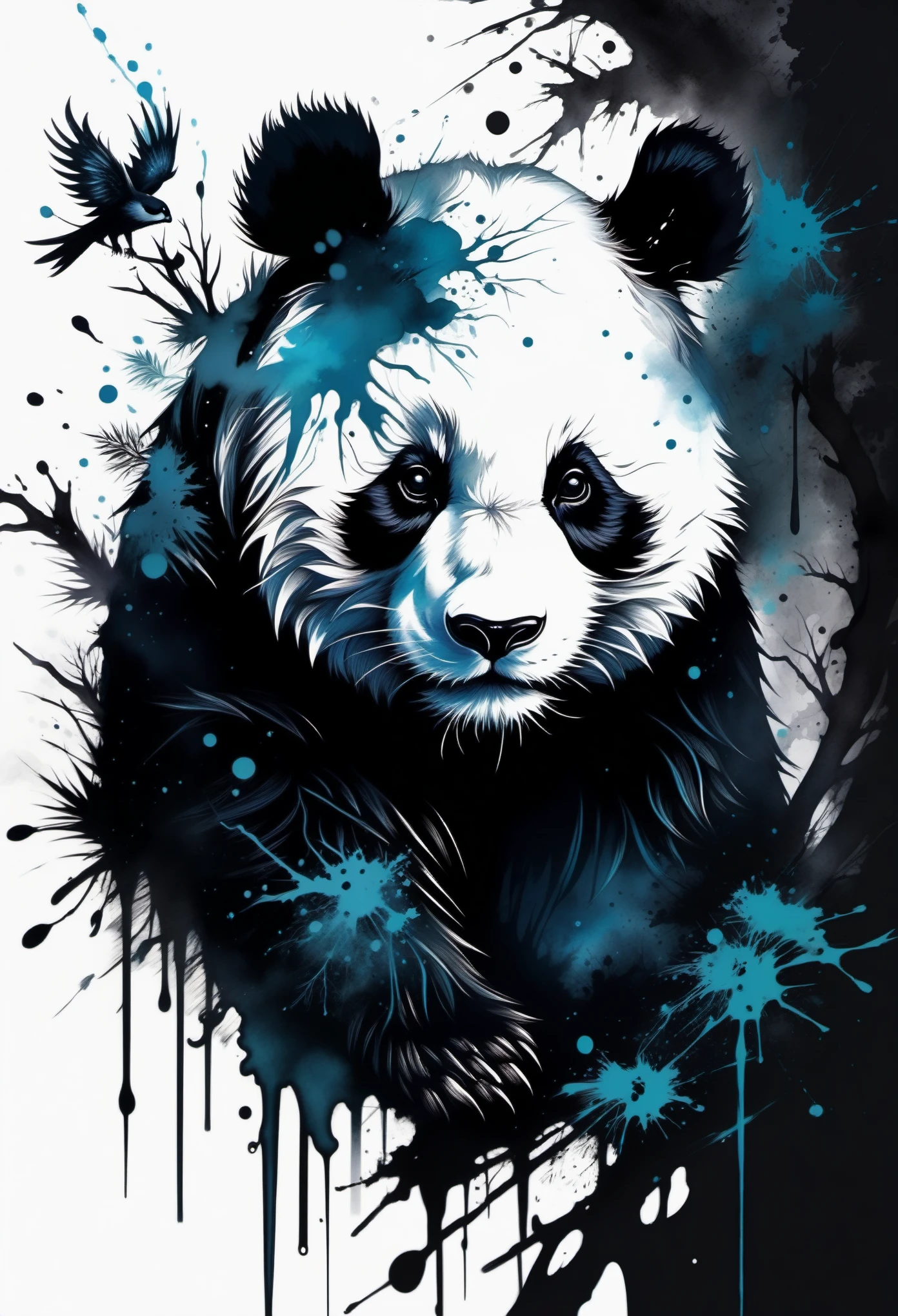 (((In dark fantasy ink splatter art:1.3))), Shabby Panda, Mesmerizingly beautiful scenery appears, Chaotic black strokes ink splatter, Intricate details blend into the world of the ethereal forest, Otherworldly creatures, insanely beautifu, Gongbi, Every stroke exudes a charming feeling, extraordinary creation, Whether it is ink painting or oil painting, Master stunning details, pure brilliance, Creepy atmosphere ink splatter coating,