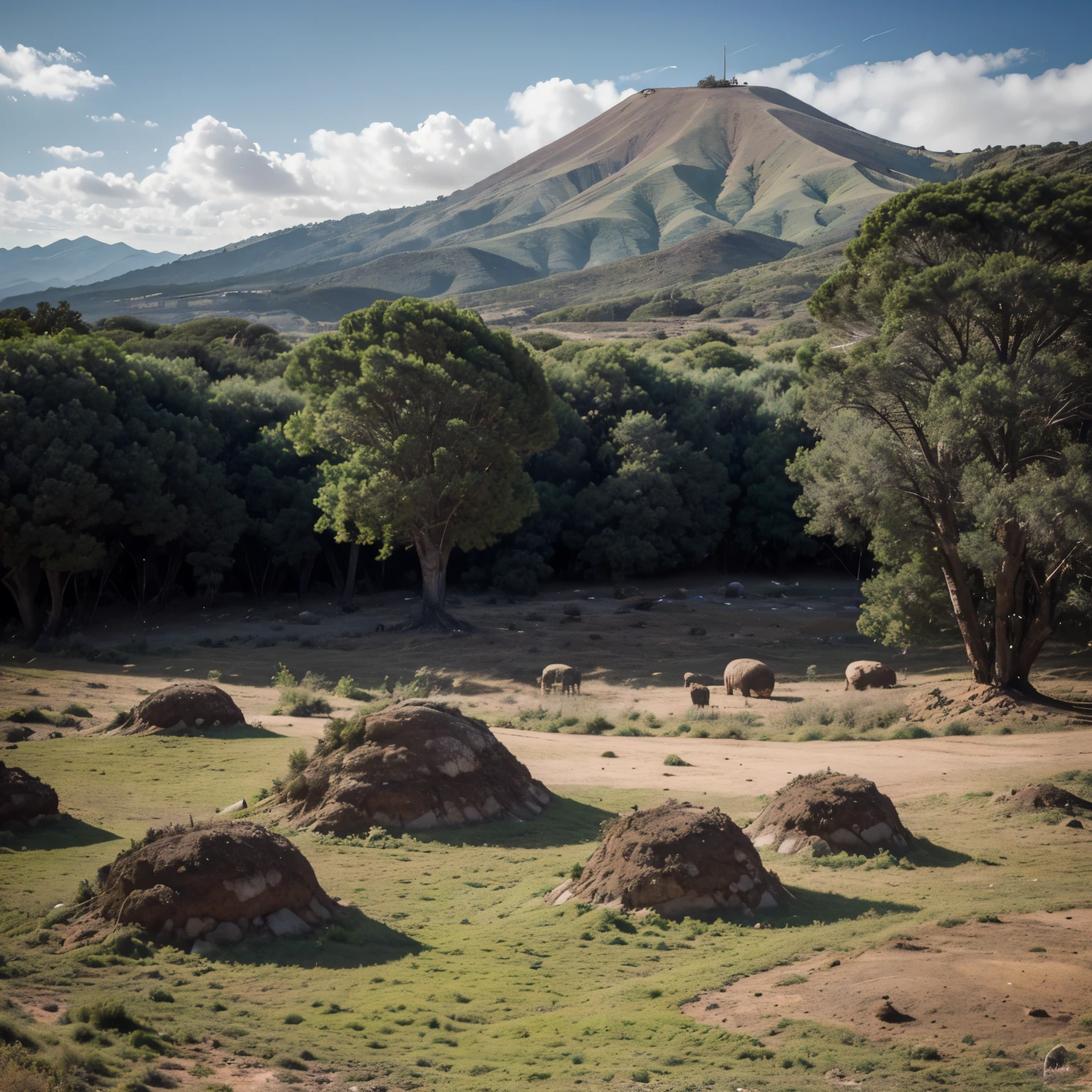 Landscape on a strange alien planet, soles gemelos, atmospheric colors, campos, trees in the background, follaje denso, animales, pintoresco, foto, onda sintetizada