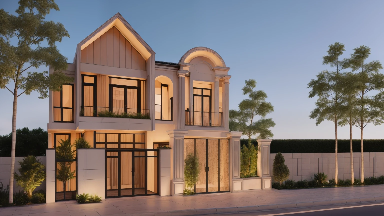 rendering of a two story house with a lot of windows, frontview, neo - classical style, exterior design, residential design, concept house, overall architectural design, inter dimensional villa, front view dramatic, front elevation view, architectural concept, complete house, sketch - up, 3 d rendering, 3d rendering, with 3d render, with 3 d render, front perspective