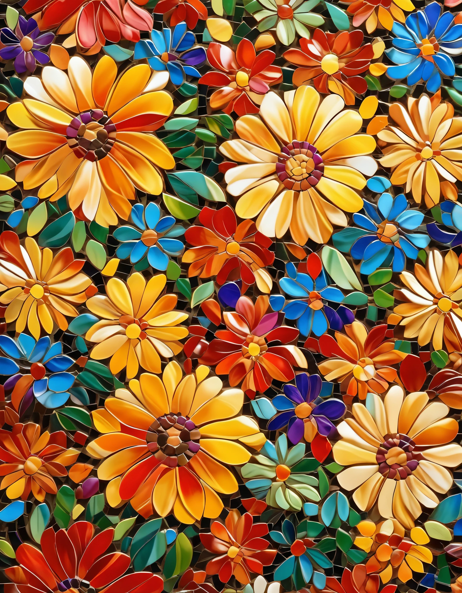 Design a visually captivating mosaic))) where is the art ((flowers)) Revealing mesmerizing colors and shapes, Tapestry of intricate patterns and textures, Vibrant shades swirl and blend, A feeling of wonder and fascination, A masterpiece in up to 16K resolution, Excellent quality. | ((more_detail))