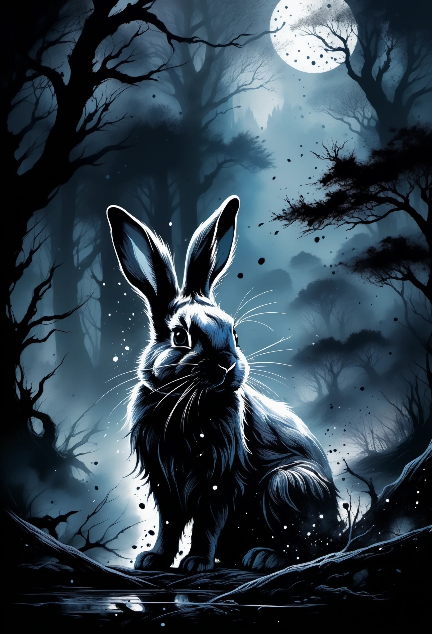 (((In dark fantasy ink splatter art:1.3))), shabby rabbit, Mesmerizingly beautiful scenery appears, Chaotic black strokes ink splatter, Intricate details blend into the world of the ethereal forest, Otherworldly creatures, insanely beautifu, Gongbi, Every stroke exudes a charming feeling, extraordinary creation, Whether it is ink painting or oil painting, Master stunning details, pure brilliance, Creepy atmosphere ink splatter coating,