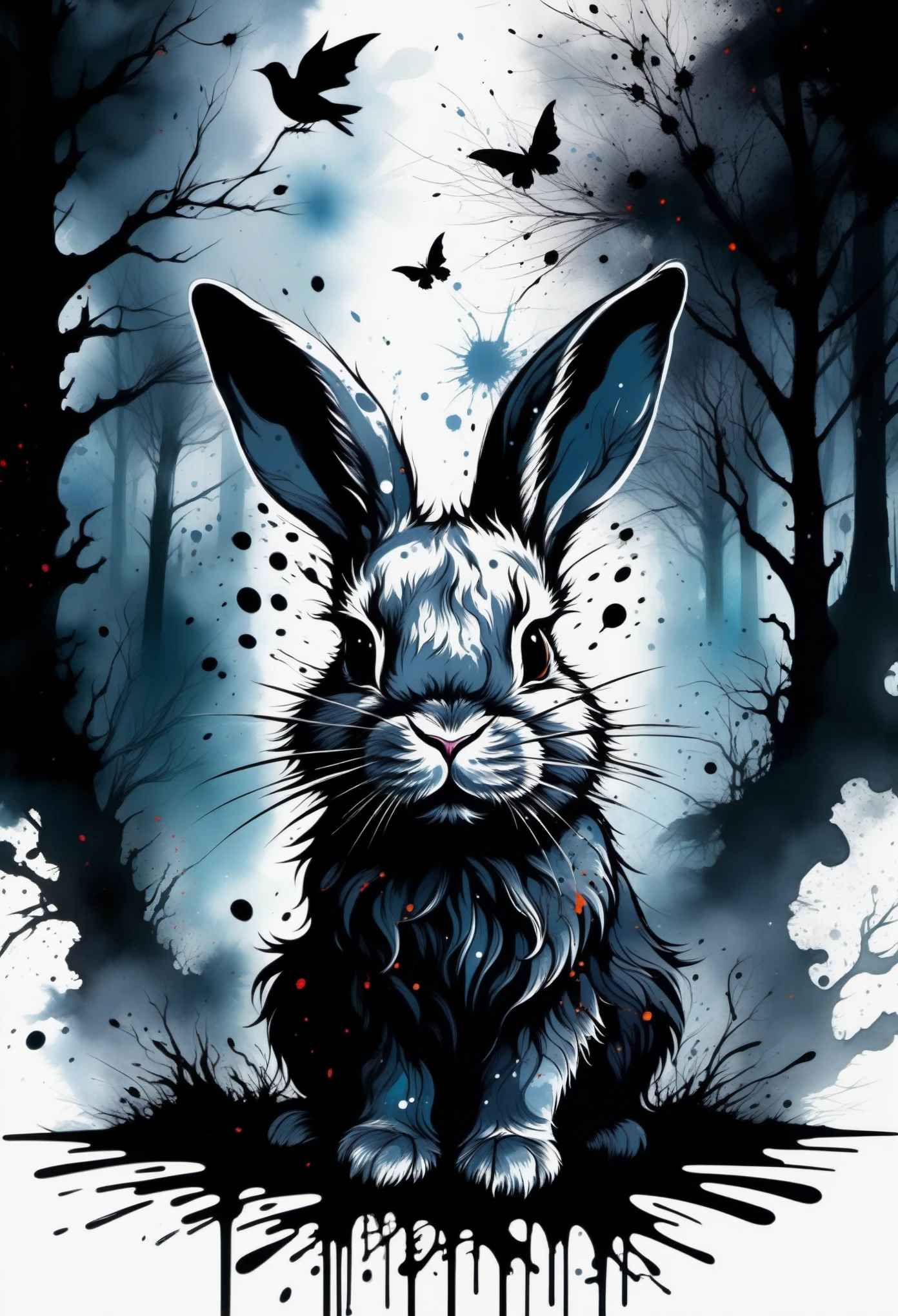 (((In dark fantasy ink splatter art:1.3))), shabby rabbit, Mesmerizingly beautiful scenery appears, Chaotic black strokes ink splatter, Intricate details blend into the world of the ethereal forest, Otherworldly creatures, insanely beautifu, Gongbi, Every stroke exudes a charming feeling, extraordinary creation, Whether it is ink painting or oil painting, Master stunning details, pure brilliance, Creepy atmosphere ink splatter coating,