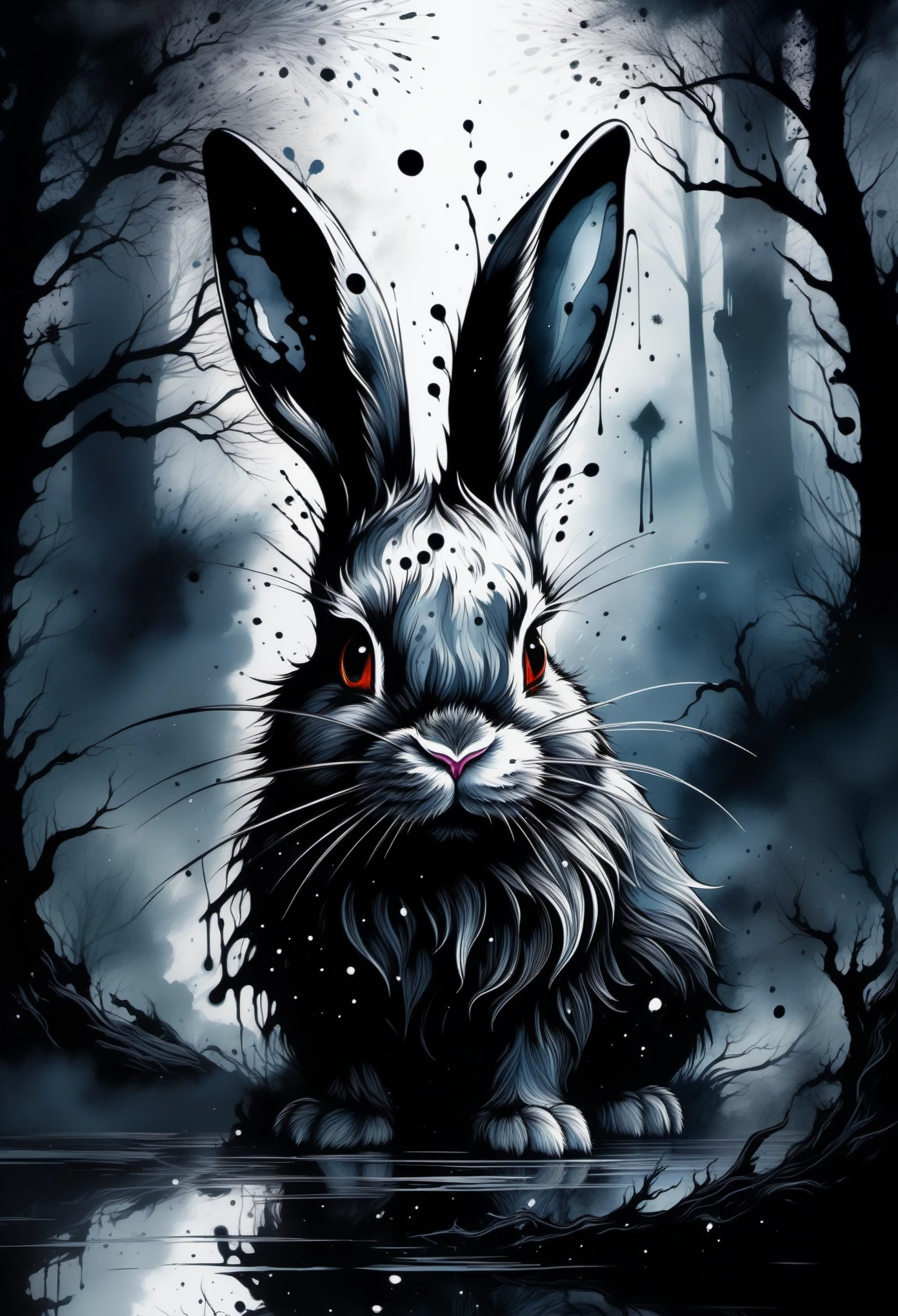 (((In dark fantasy ink splatter art:1.3))), shabby rabbit, Mesmerizingly beautiful scenery appears, Chaotic black strokes ink splatter, Intricate details blend into the world of the ethereal forest, Otherworldly creatures, insanely beautifu, Gongbi, Every stroke exudes a charming feeling, extraordinary creation, Whether it is ink painting or oil painting, Master stunning details, pure brilliance, Creepy atmosphere ink splatter coating,