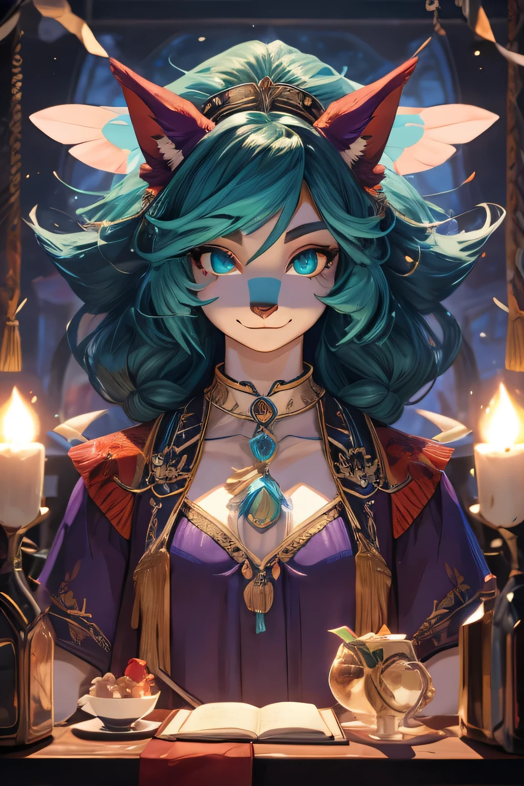 Hairball, Vins, Long eyelashes, solid round eyes, fake animal ears, Smile, red ears, direction, striped hair, cyan hair, dark green hair, big hair, Hair, shiny hair, comb hair back, Hair ring, Heart Og, aqua eyes, gradient eyes, rhomboid pupil, students shine, shadow, relief, Stereo view, vertical painting, View, Reference table, Figures, lens flare, 8K, Super details, precise, best quality,snake,Miss,Black and purple clothes,Pleasure