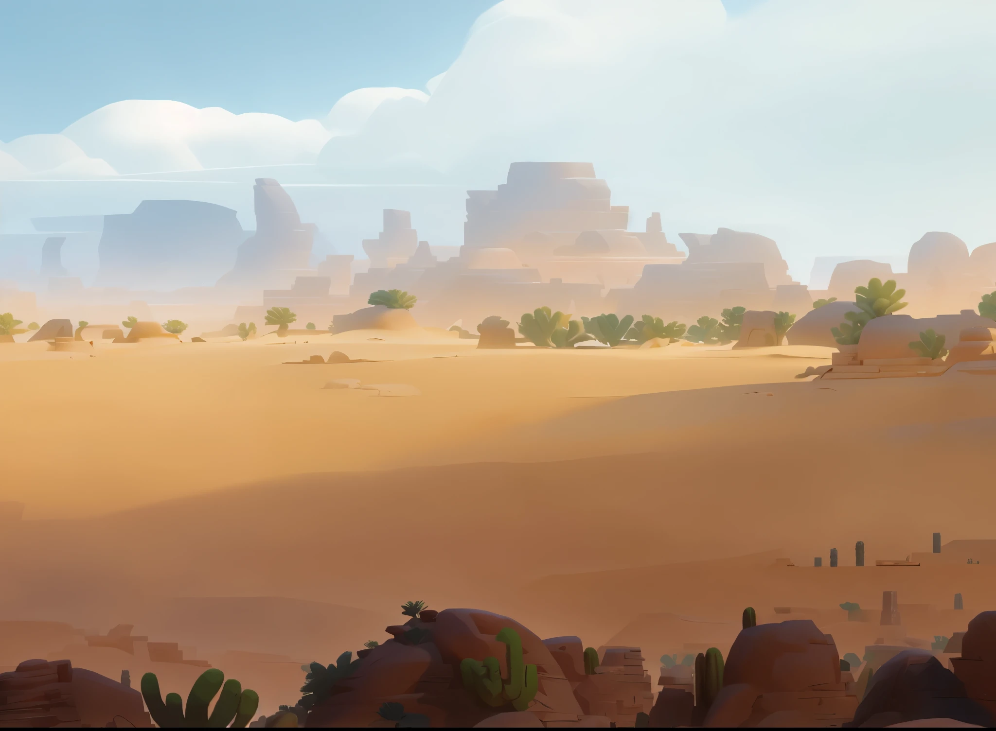 there is a desert scene with a cactus plant and rocks, desert environment, desert background, desert wasteland, background art, desert scenery, desert mesa, desert landscape, desert in the background, sand and desert environment, background artwork, flat desert, dusty environment, painted as a game concept art, desert scene, desert lands, canyon background, rocky desert, stylized concept art