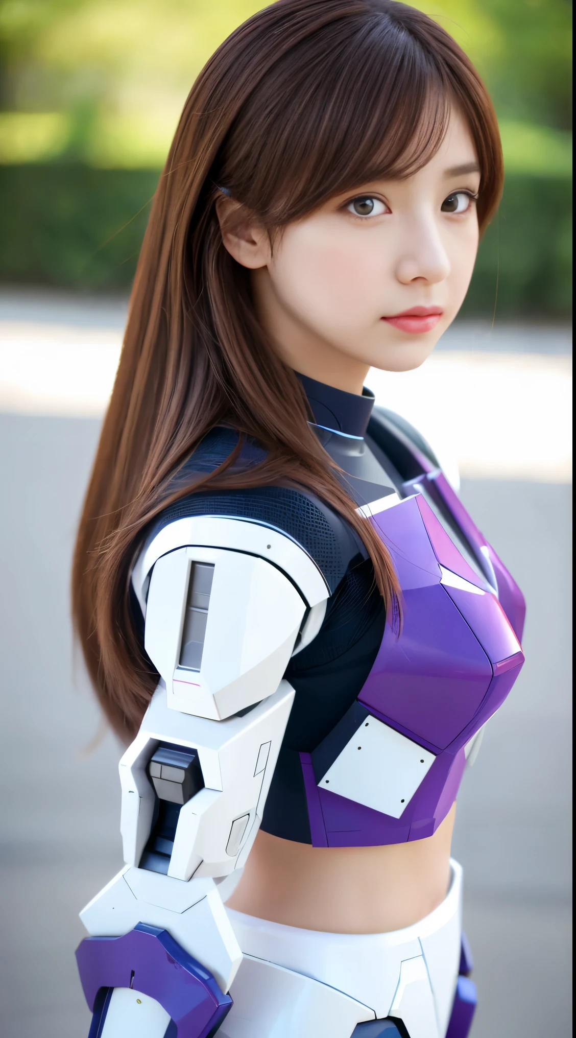 RAW, Masterpiece, Ultra Fine Photo,, Best Quality, Ultra High Resolution, Photorealistic, Sunlight, Full Body Portrait, Stunningly Beautiful,, Dynamic Poses, Delicate Face, Vibrant Eyes, (Side View) a close up of a woman in a pink and white gundam custume, dybamic pose, long brown very very very long long hair rapunzel, girl in mecha cyber armor, portrait armored astronaut girl, d. va from overwatch, female mecha, on a gundam, gundam head, chiho aoshima color scheme, mobile suit, streamlined purple armor, fully robotic!! girl, realistic cosplay, gundam armor (dynamic pose) (best cameraview), full body, sit down