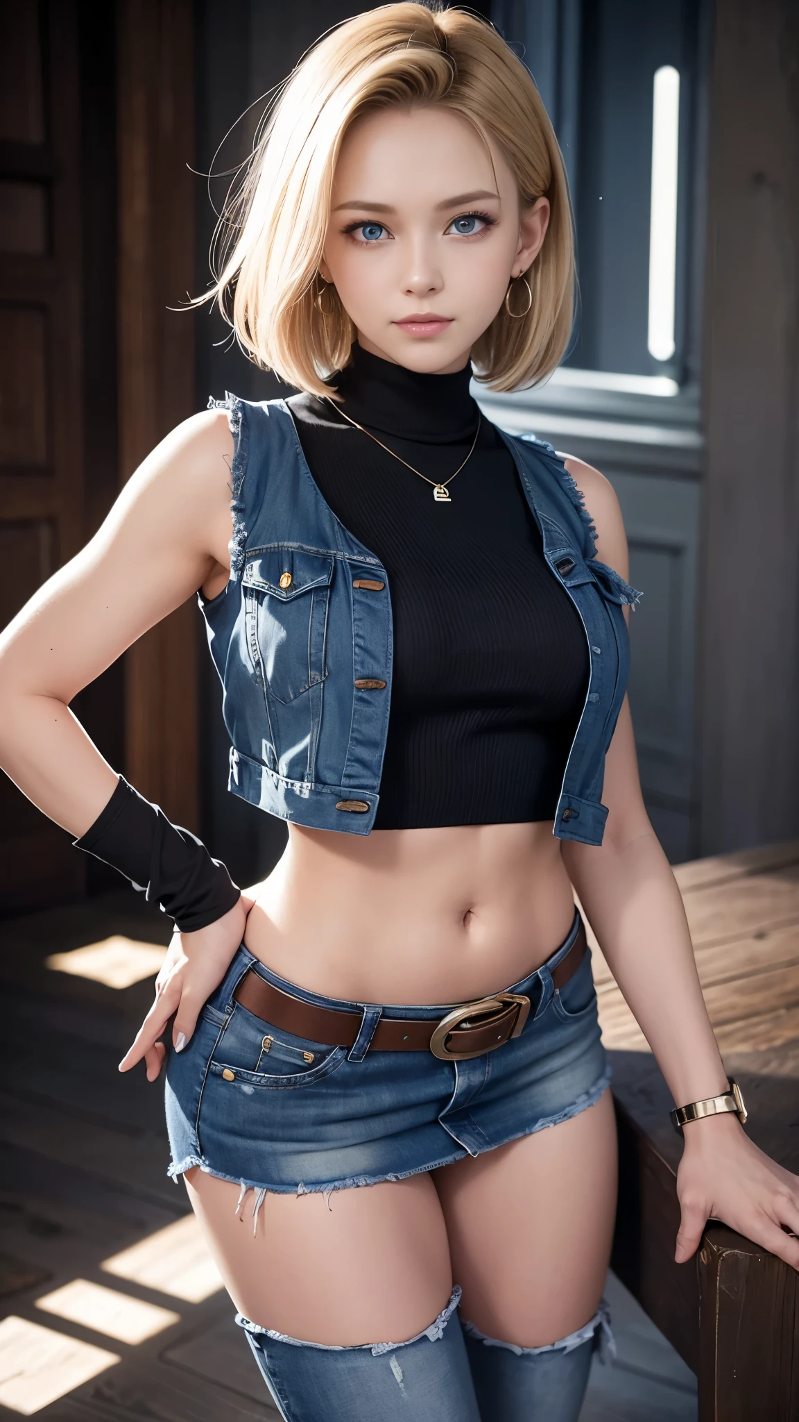 highest quality, High resolution, AND18, 1 girl, android 18, alone, blonde hair, blue eyes, short hair, cute smile,earrings, jewelry, denim dress, open vest, black sports bra, jeans miniskirt, blue mini skirt, small breasts, cowboy shot, she is wearing black short boots,street, (external expansion chest: 1.2),