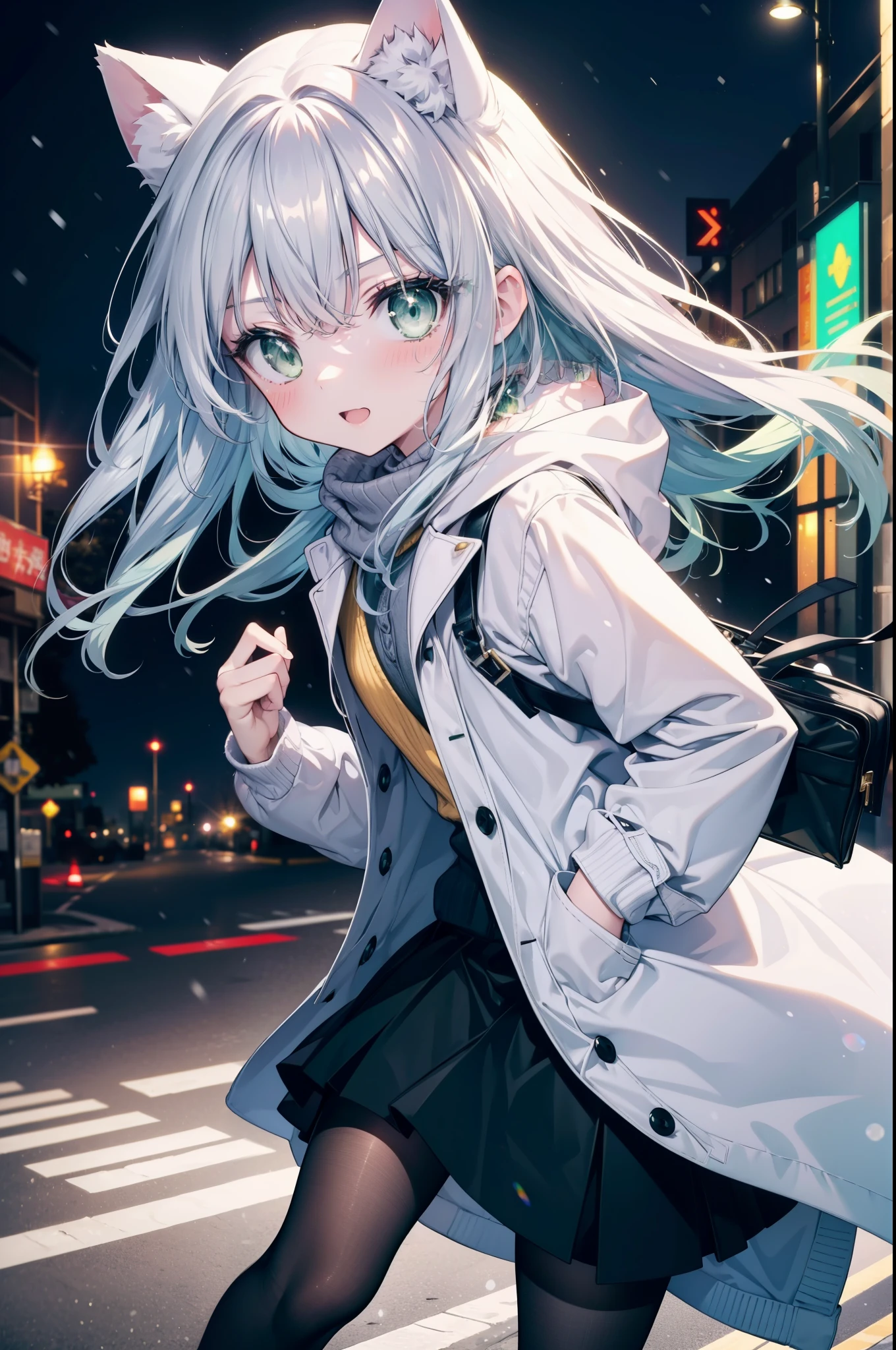 index, index, (green eyes:1.5), silver hair, long hair, (flat chest:1.2),Cat ear,cat tail,blush,smile,open your mouth,illumination,A large Christmas tree is placed in the middle of the road.,gray handbag,yellow long coat, white hoodie, black long skirt,black pantyhose,Mini Boots,winter,night,cold sky,snow is scattered,It&#39;s snowing,
break looking at viewer, Upper body, whole body,
break outdoors, In town,building street,
break (masterpiece:1.2), highest quality, High resolution, unity 8k wallpaper, (figure:0.8), (beautiful deしっぽed eyes:1.6), extremely deしっぽed face, perfect lighting, extremely deしっぽed CG, (perfect hands, perfect anatomy),