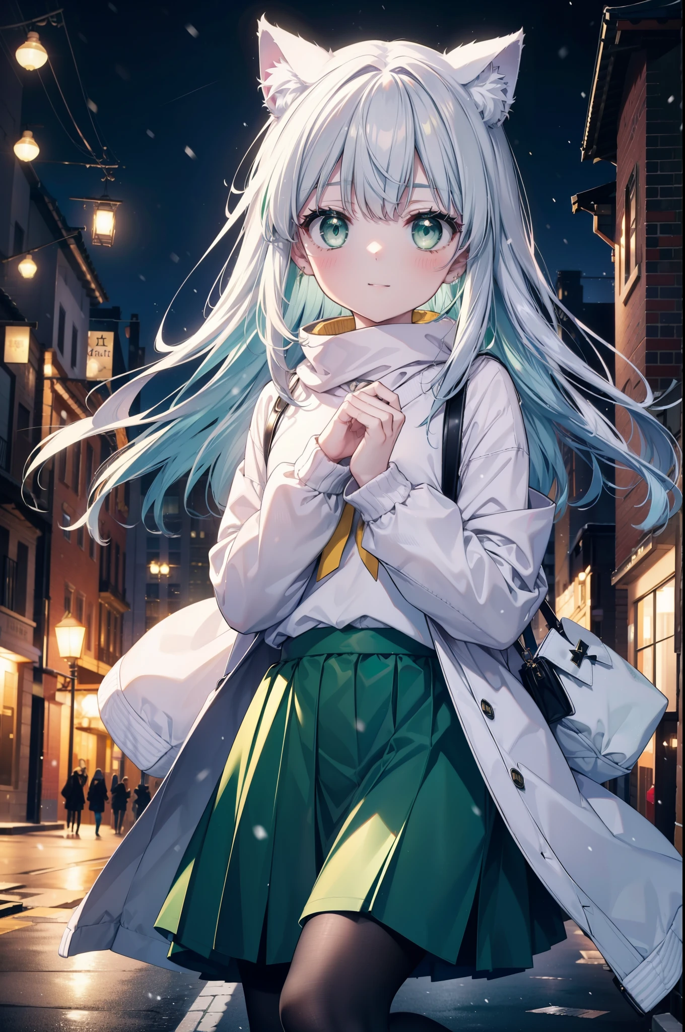 index, index, (green eyes:1.5), silver hair, long hair, (flat chest:1.2),Cat ear,cat tail,blush,smile,open your mouth,illumination,A large Christmas tree is placed in the middle of the road.,gray handbag,yellow long coat, white hoodie, black long skirt,black pantyhose,Mini Boots,winter,night,cold sky,snow is scattered,It&#39;s snowing,
break looking at viewer, Upper body, whole body,
break outdoors, In town,building street,
break (masterpiece:1.2), highest quality, High resolution, unity 8k wallpaper, (figure:0.8), (beautiful deしっぽed eyes:1.6), extremely deしっぽed face, perfect lighting, extremely deしっぽed CG, (perfect hands, perfect anatomy),