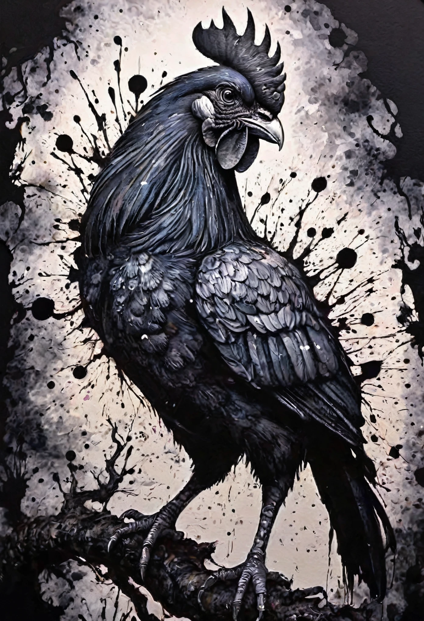 (((In dark fantasy ink splatter art:1.3))), Shabby cock, Mesmerizingly beautiful scenery appears, Chaotic black strokes ink splatter, Intricate details blend into the world of the ethereal forest, Otherworldly creatures, insanely beautifu, Gongbi, Every stroke exudes a charming feeling, extraordinary creation, Whether it is ink painting or oil painting, Master stunning details, pure brilliance, Creepy atmosphere ink splatter coating,