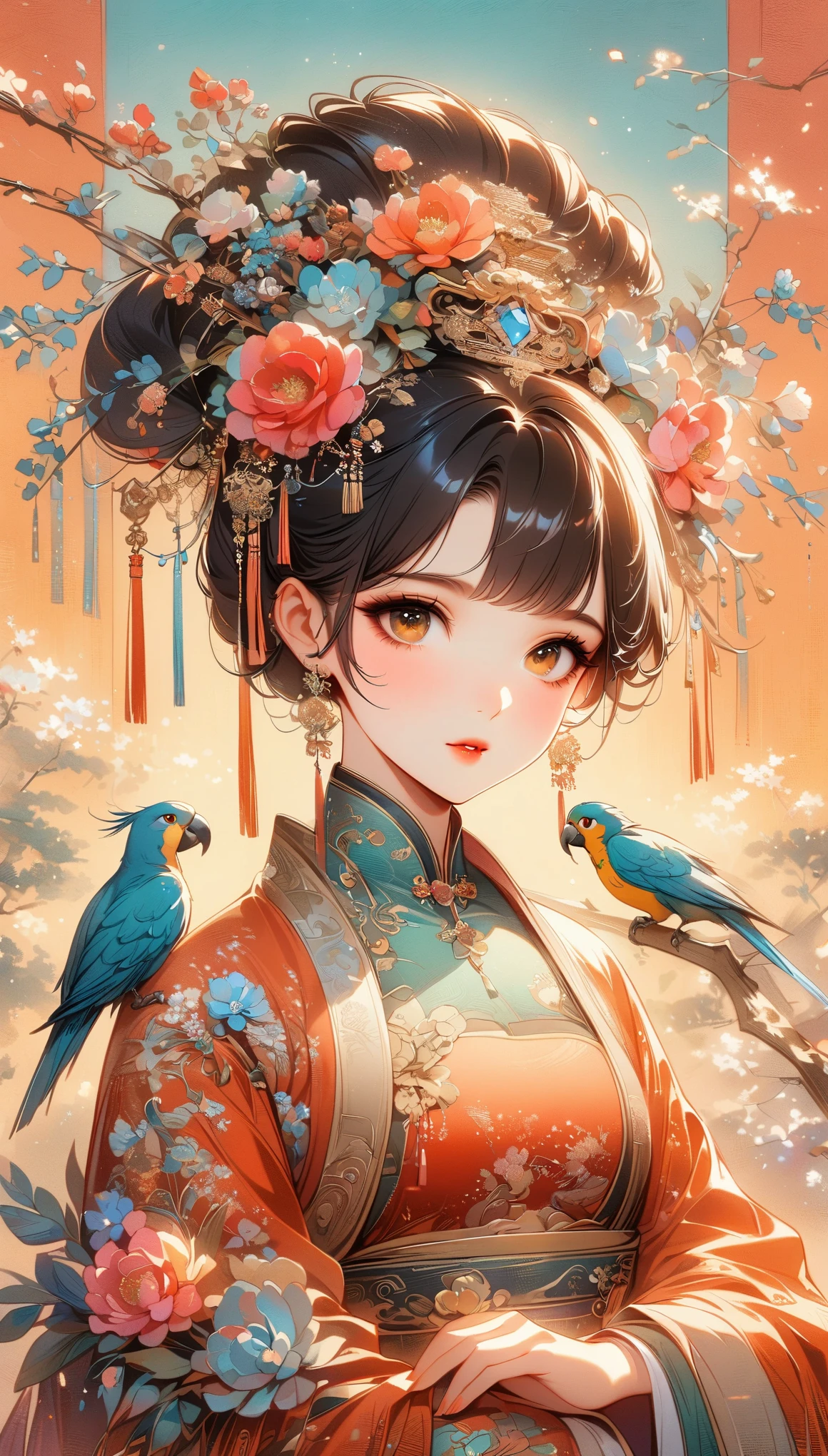 A beautiful young woman in traditional Chinese attire, surrounded by a lush garden. She is holding a parrot on her finger, gazing at it with gentle eyes. The woman's hair is styled in an elaborate updo adorned with flowers and traditional ornaments. Her dress is elegant, featuring fine silk with floral embroidery. The garden is in full bloom, with peonies and other flowers providing a backdrop. The scene captures the serenity and beauty of classical Chinese art, with a touch of nature harmony, (((Ultra-high saturation, high natural saturation, extremely bright colors)))