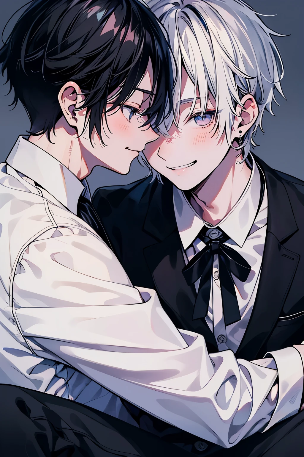 (muste piece), (best quality), very detailed, ((two men intimate)), perfect face, beautiful face, very detailed顔，(black haired man:1.3)，(white haired man:1.3)，suit，shirt，smile