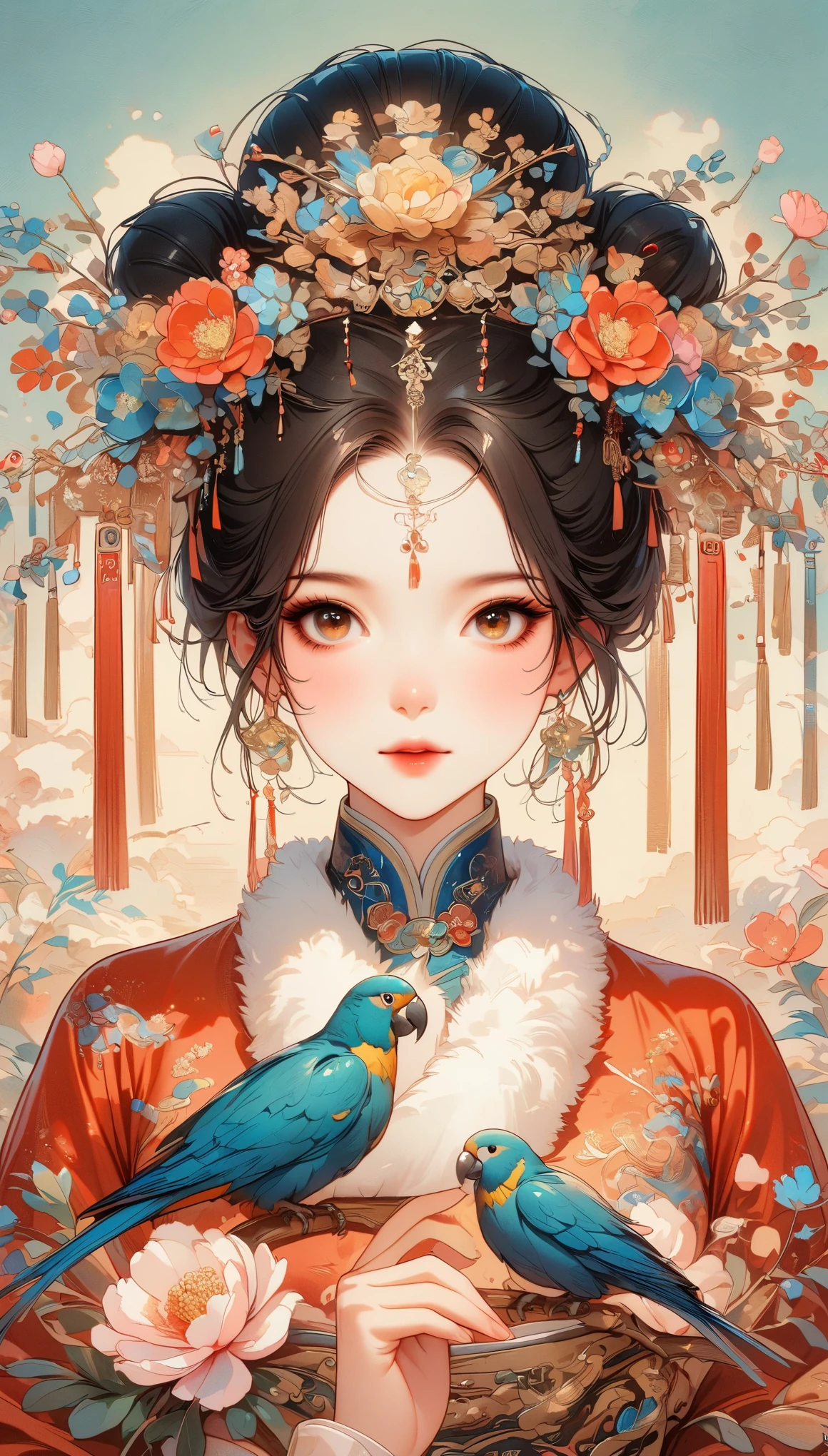 A beautiful young woman dressed in traditional Chinese dress，Surrounded by lush gardens。She holds a parrot on her finger，Look at it tenderly。Woman&#39;s hair tied into an elaborate bun，It is decorated with flowers and traditional ornaments.。her dress is elegant，Made of fine silk with floral embroidery。Flowers blooming in the garden，Peonies and other flowers form the background。The scene embodies the tranquility and beauty of Chinese classical art，with a touch of nature，(first-person view, pov, UHD, retina, masterpiece, ccurate, anatomically correct, textured skin, super detail, high details, best quality, 8k, Chinese illustration，flat illustration，Mark strokes，Colored ink on paper，Vector illustration)