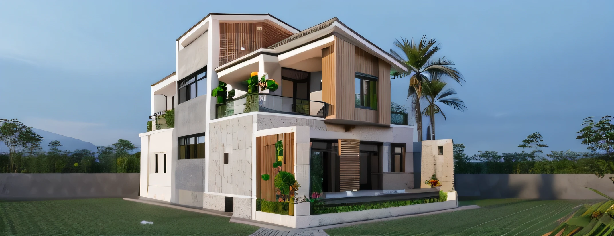 vietnamse countryside house exterior design with white walls, wooden windows and roof tiles, concrete floor, garden area, cacti plants. The building has an open balcony terrace for relaxation or socializing during the day. Modern architecture concept, exterior photography of a home exterior, architectural project, real photo