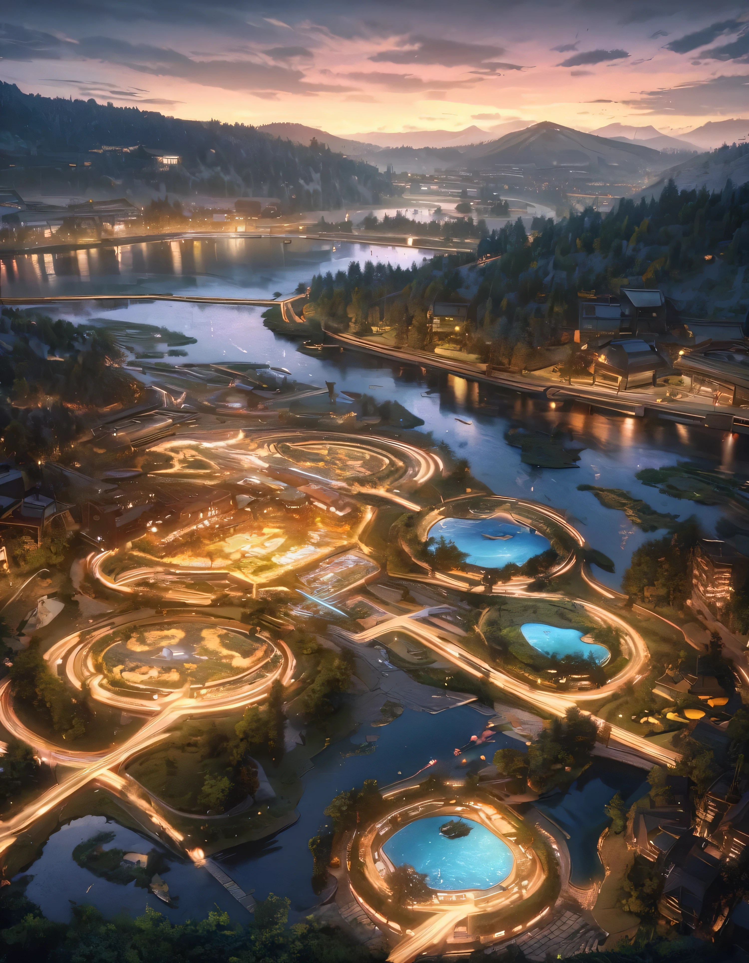 masterpiece, best quality, stunning details, Enjoy the future, Cyberpunk 2077 Wide Angle, 8K, Local blurring, lake, valley, small river, Takayama, weathered granite, hillside, lakeside, Oval building (Streamlined, Lotus shape design, Transparent exterior, Metal frame, Glass facades, Fish scale decoration, huge), surrounded by forest, Decorate with lights, rainy, 1 girl,pond in evening，Sunset