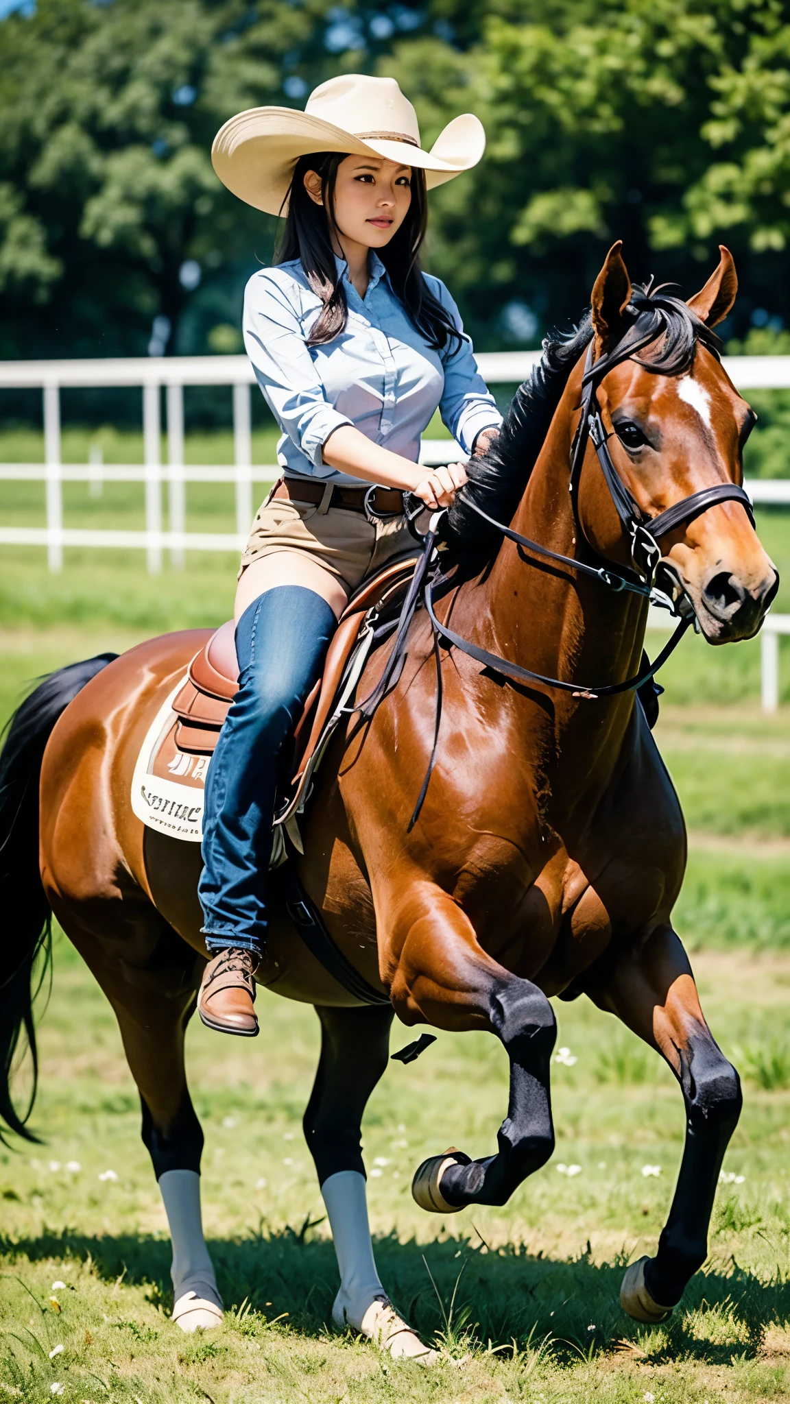 A cowgirl riding a horse through a wide grassland