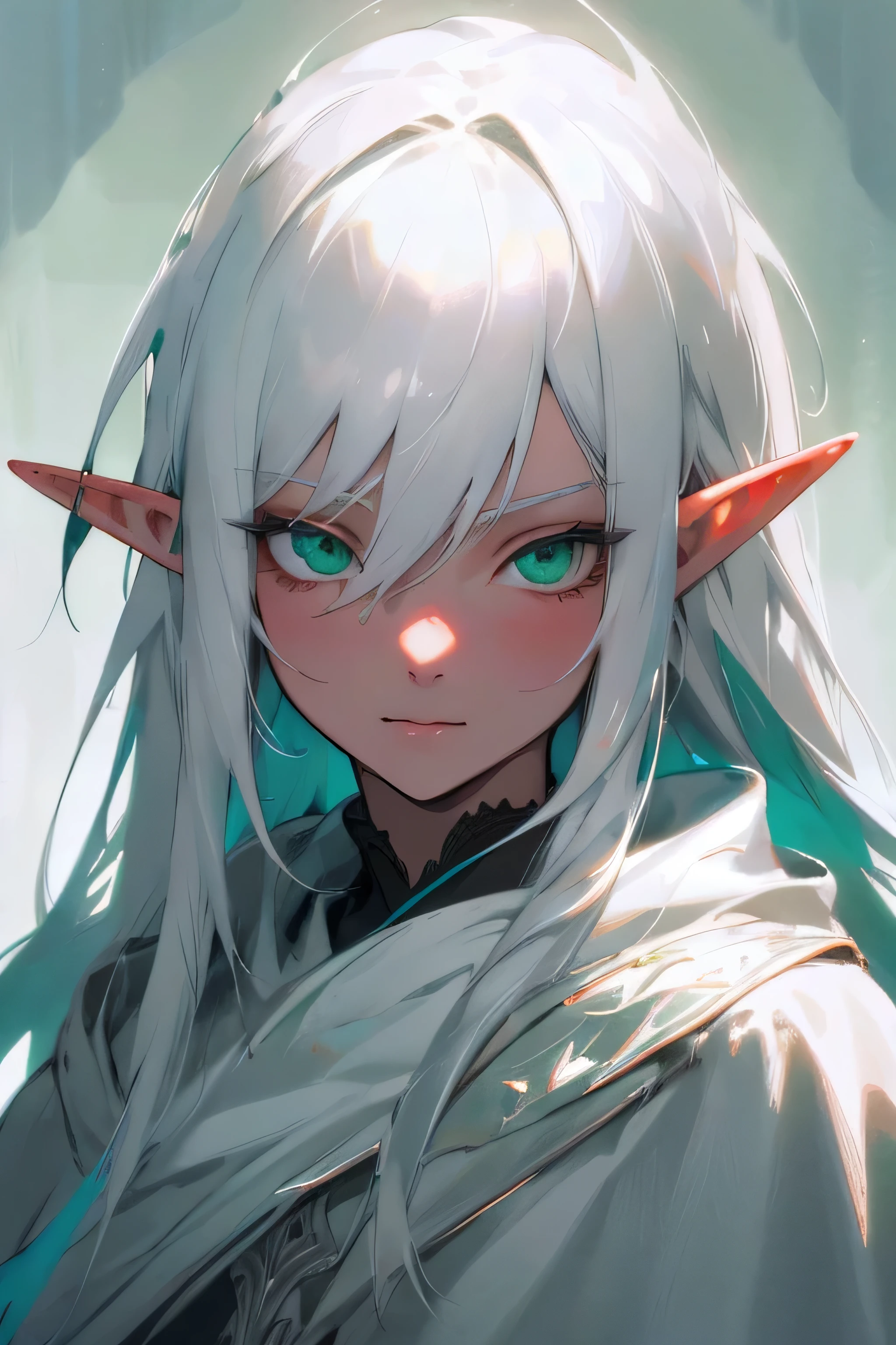 White hair,long hair,elf,silver cloak,green eyes,best quality,highres,ultra-detailed,2D,portraits,vibrant colors,soft lighting,white skinned,fictional 