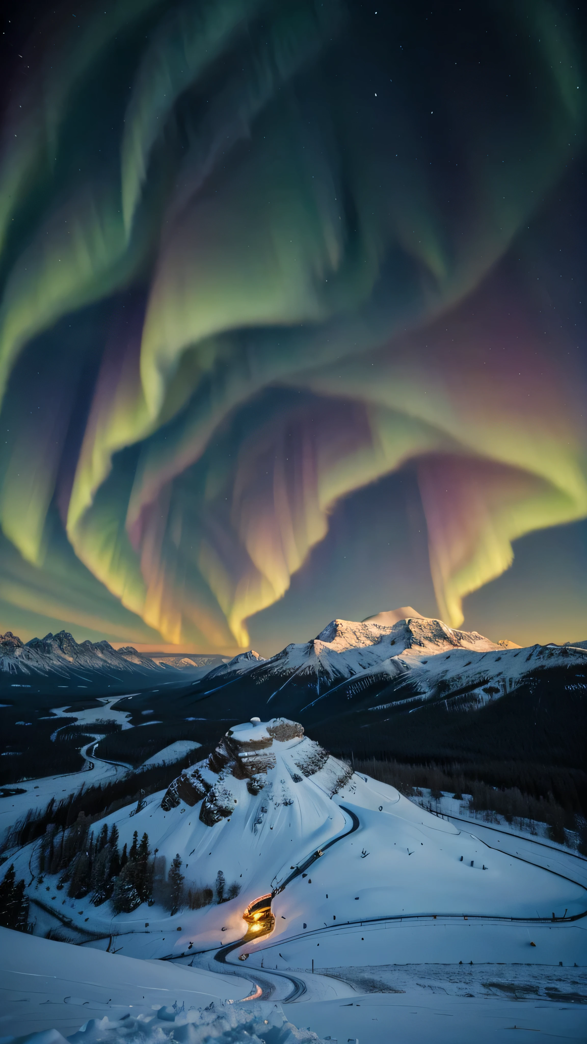 Ice mountain, forest, Aurora, no person, 8k, high quality