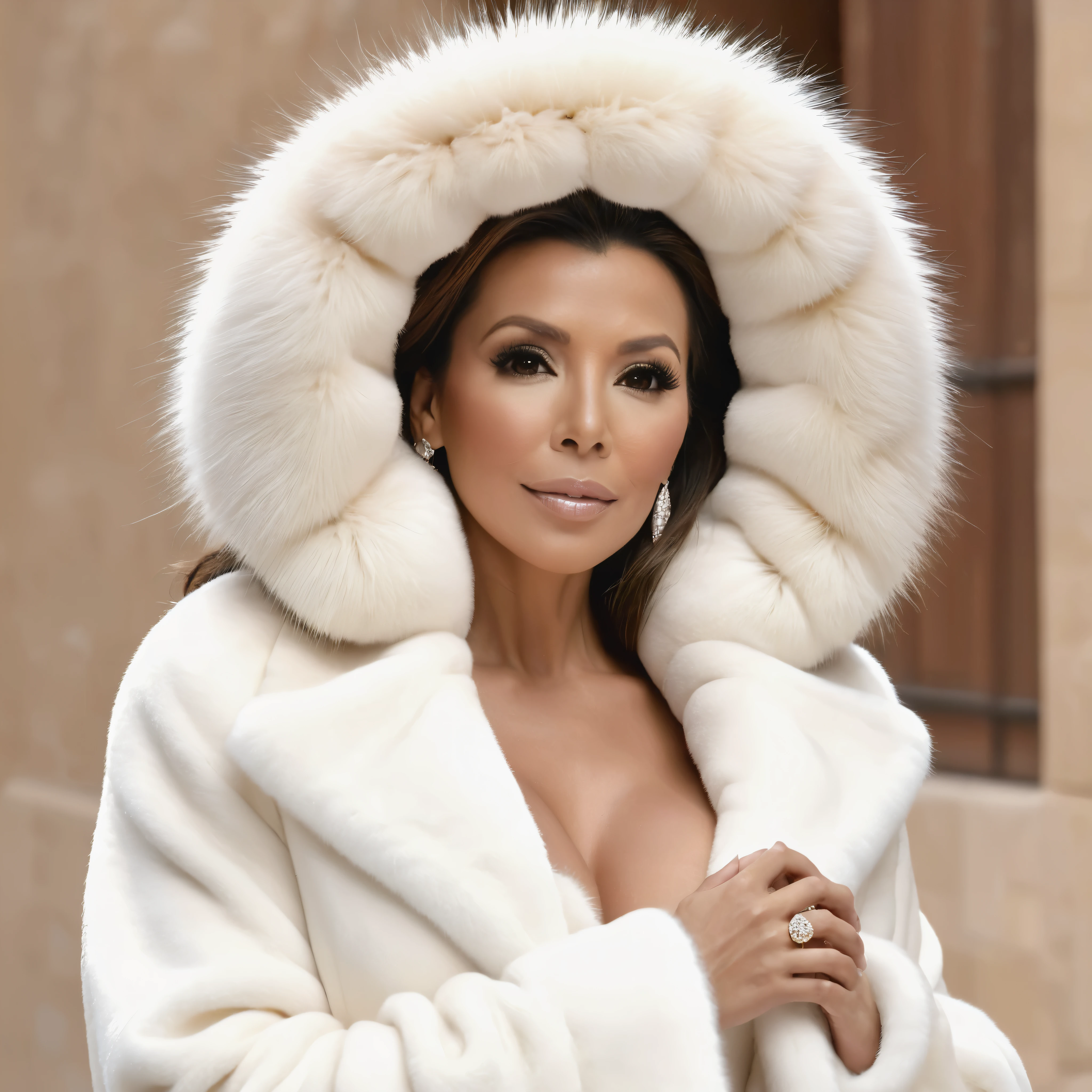 A very wide and very thick, manteau de fourrure en vison blanc, thirty centimeters thick, duveteux, naturel, with an ultra thick white mink fur collar, three layers, sur Eva Longoria, bare shoulders, and a large breast exposed, in Dubai ,
